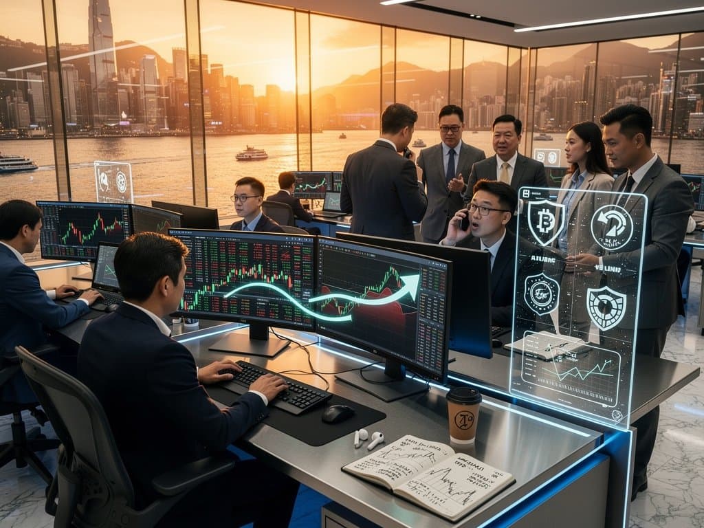 Traders on HKEX floor analyze bitcoin charts on Bloomberg Terminals amid glass partitions and market tickers in Hong Kong finance hub