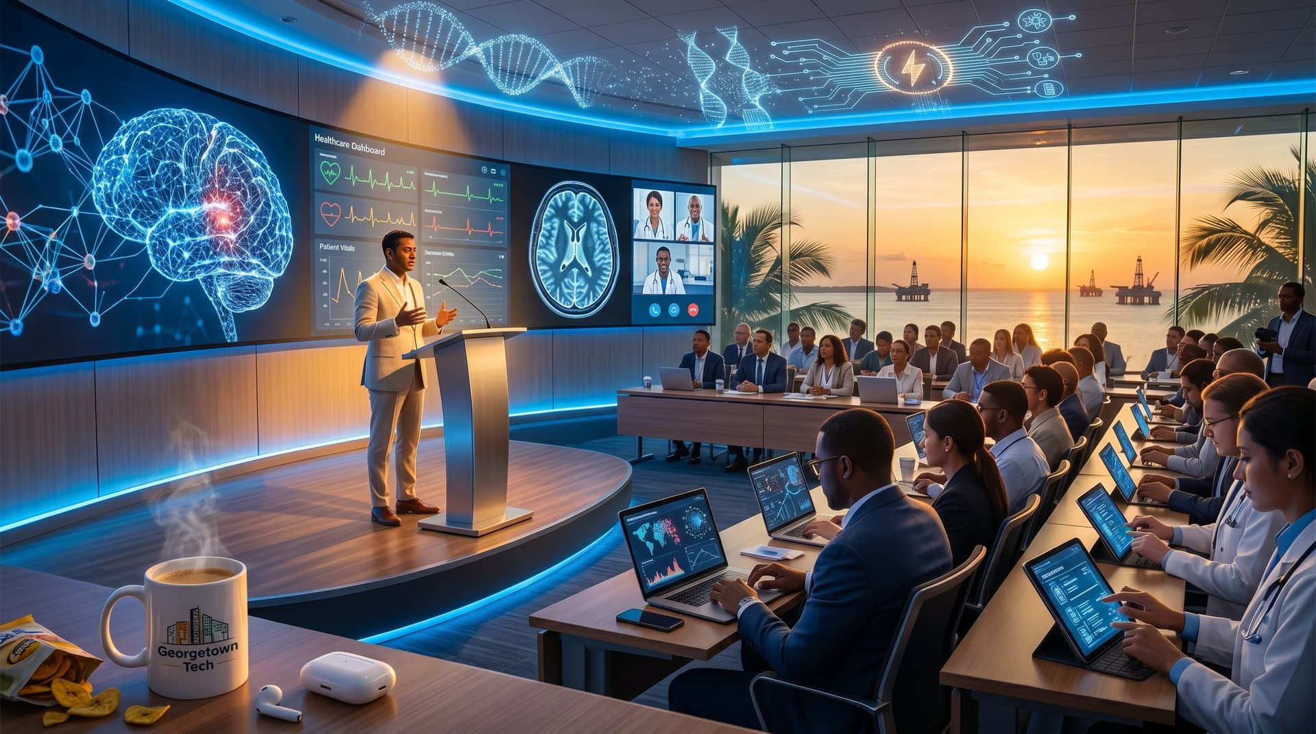 Modern auditorium with AI healthcare seminar visuals, professionals reviewing data dashboards against city skyline