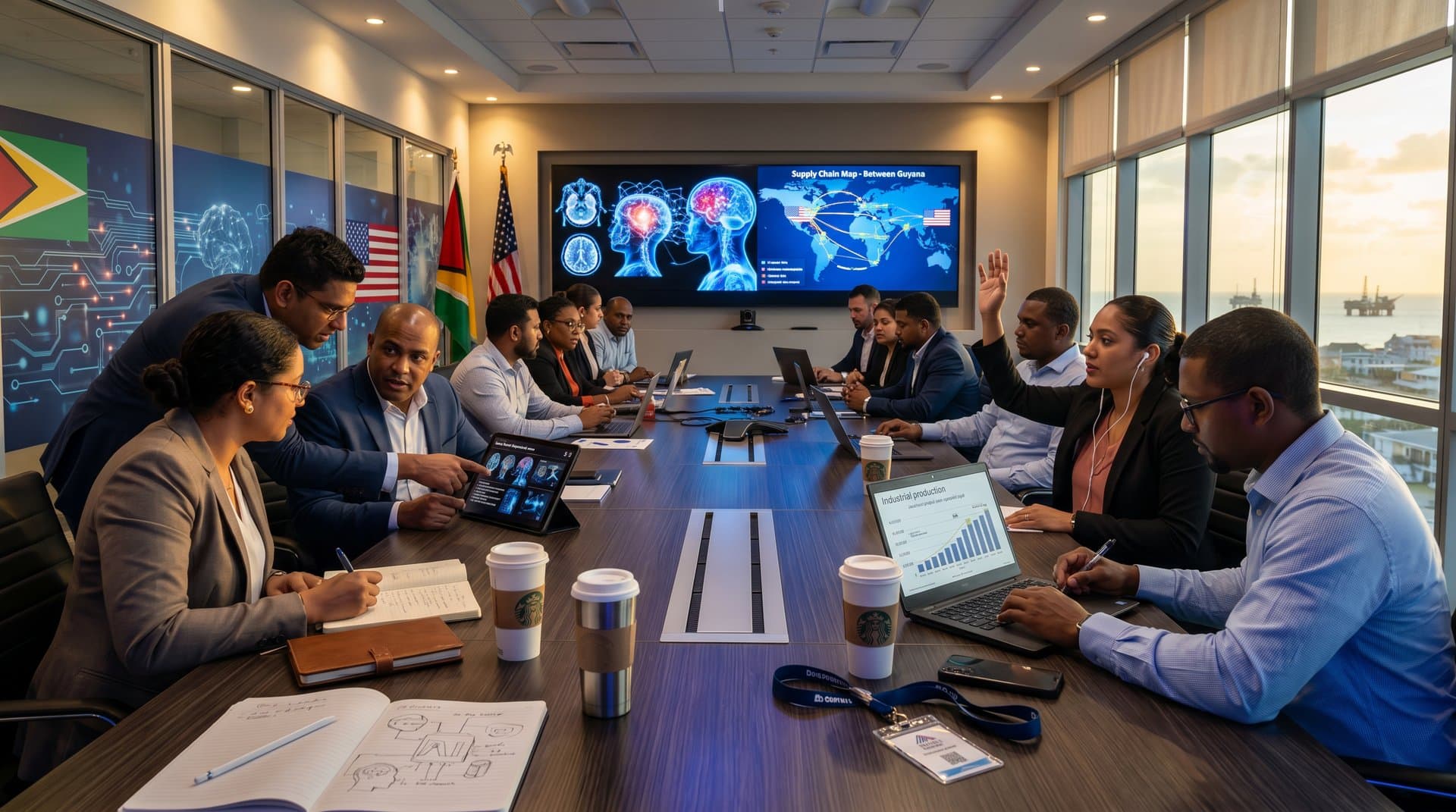 Professionals at Mount Sinai Guyana AI seminar discuss oil-funded health tech innovations in high-tech conference room