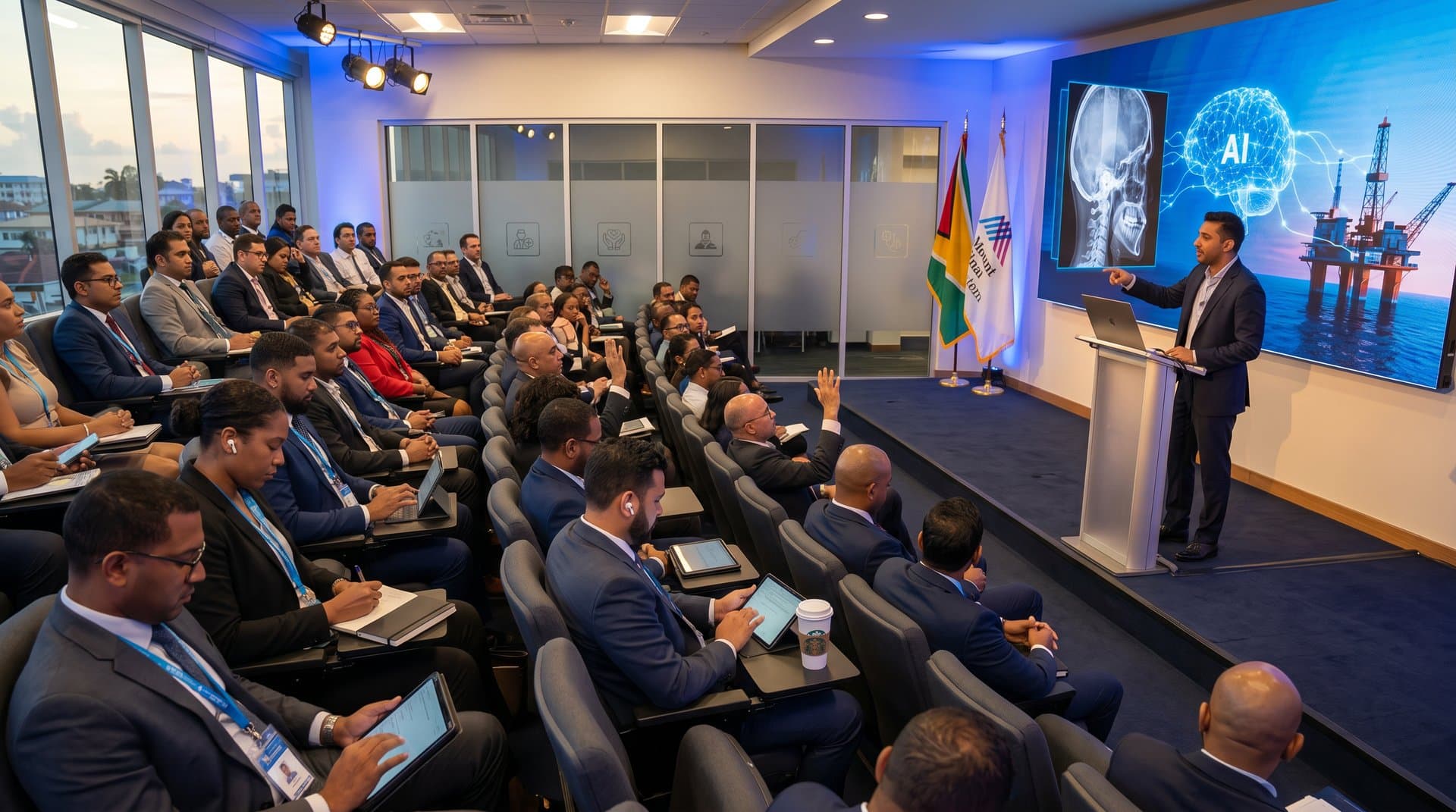 Professionals attend Mount Sinai Guyana AI seminar in modern auditorium with screens showing AI healthcare and oil data