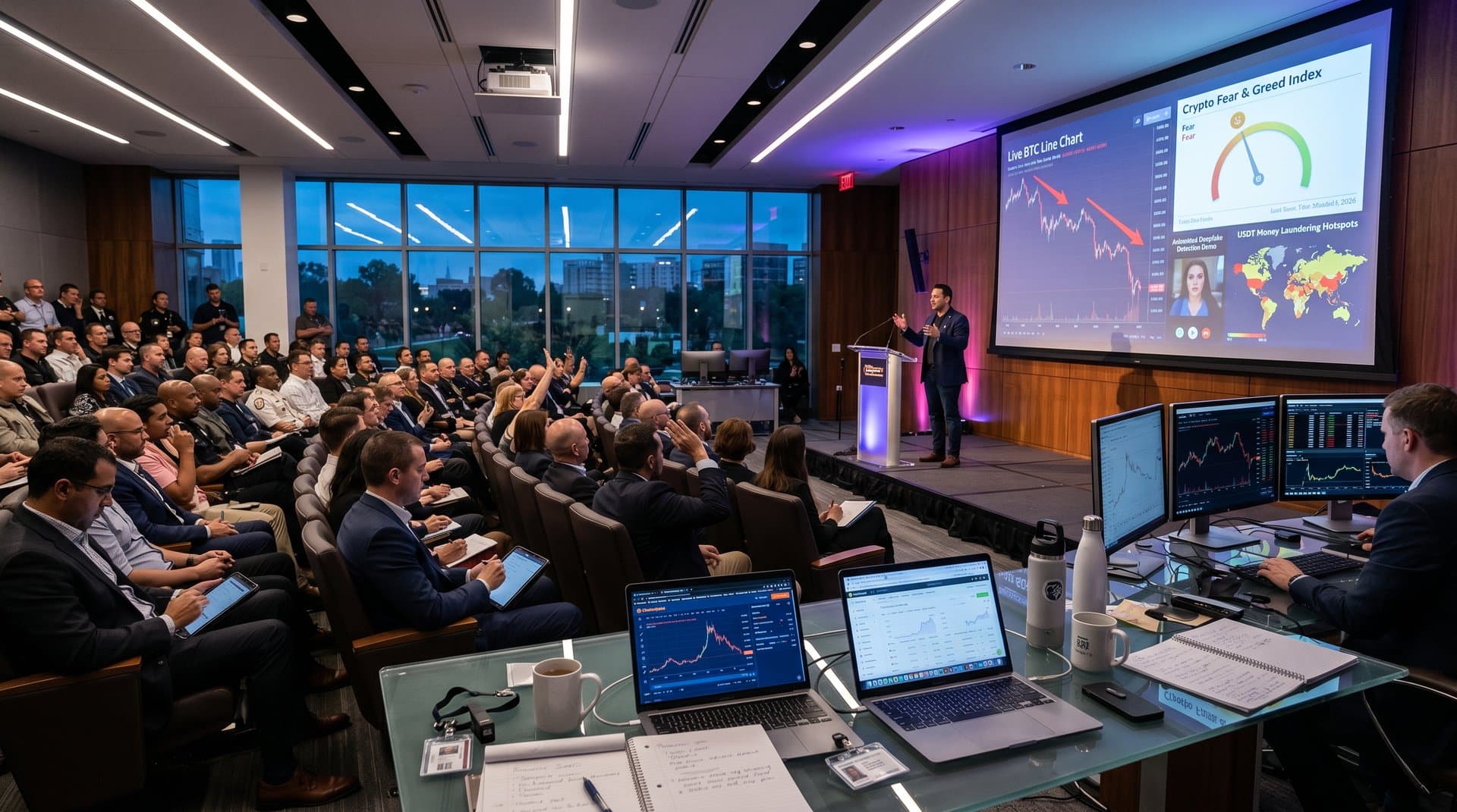 Fairfax Scam Jam event screen showing BTC at USD 77,290, AI deepfakes, and crypto scam alerts