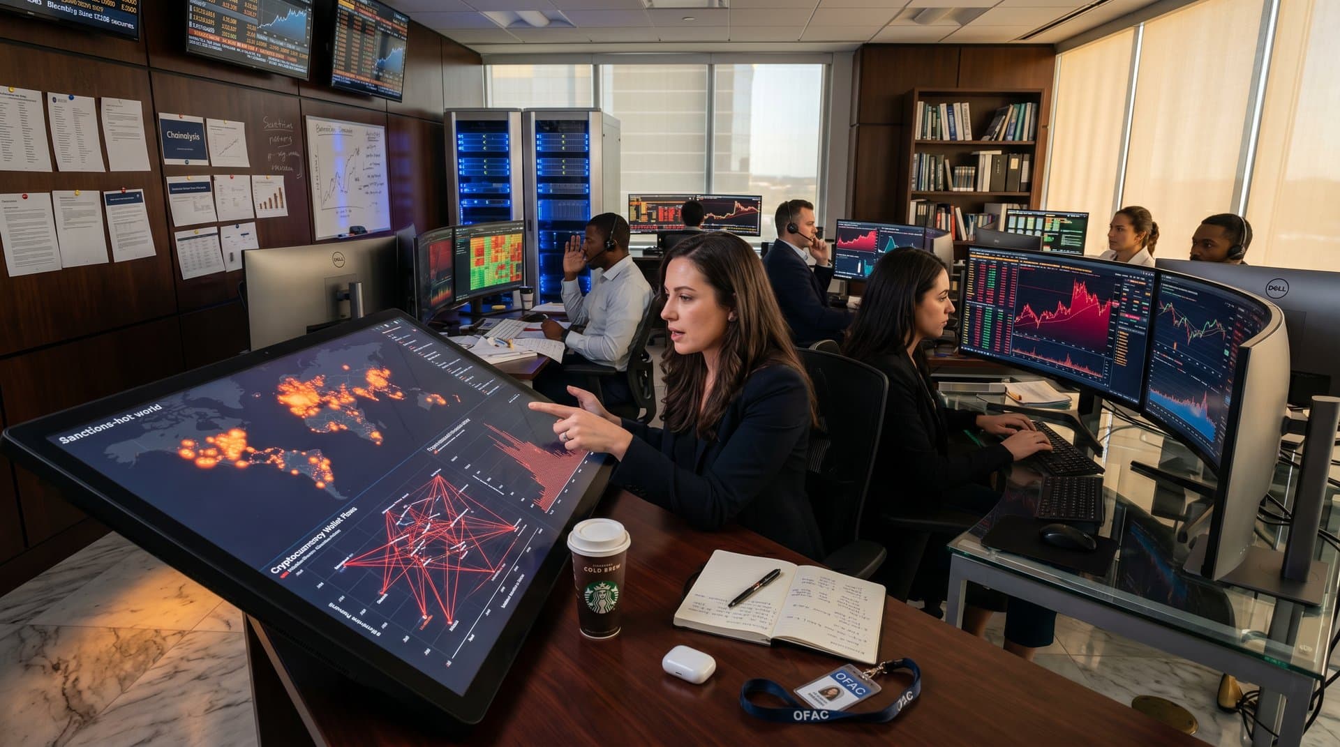 Blockchain compliance dashboard showing sanctioned Iran-linked crypto wallets from US cryptocurrency freeze Iran, transaction flows, price tickers, and analytics visualizations