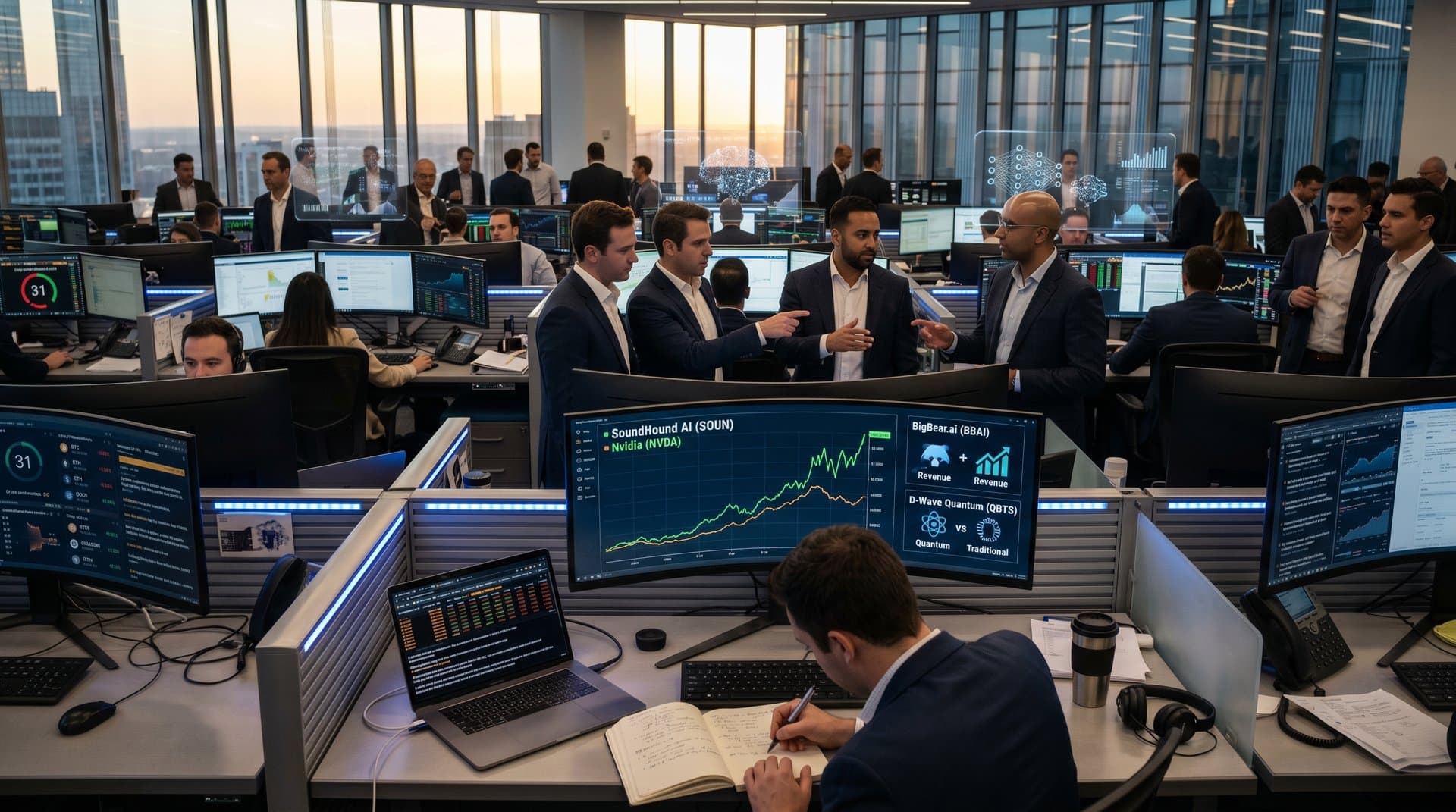 Trading floor analysts analyze AI stocks including SoundHound AI, BigBear.ai, D-Wave versus Nvidia on screens with market data and Fear & Greed Index