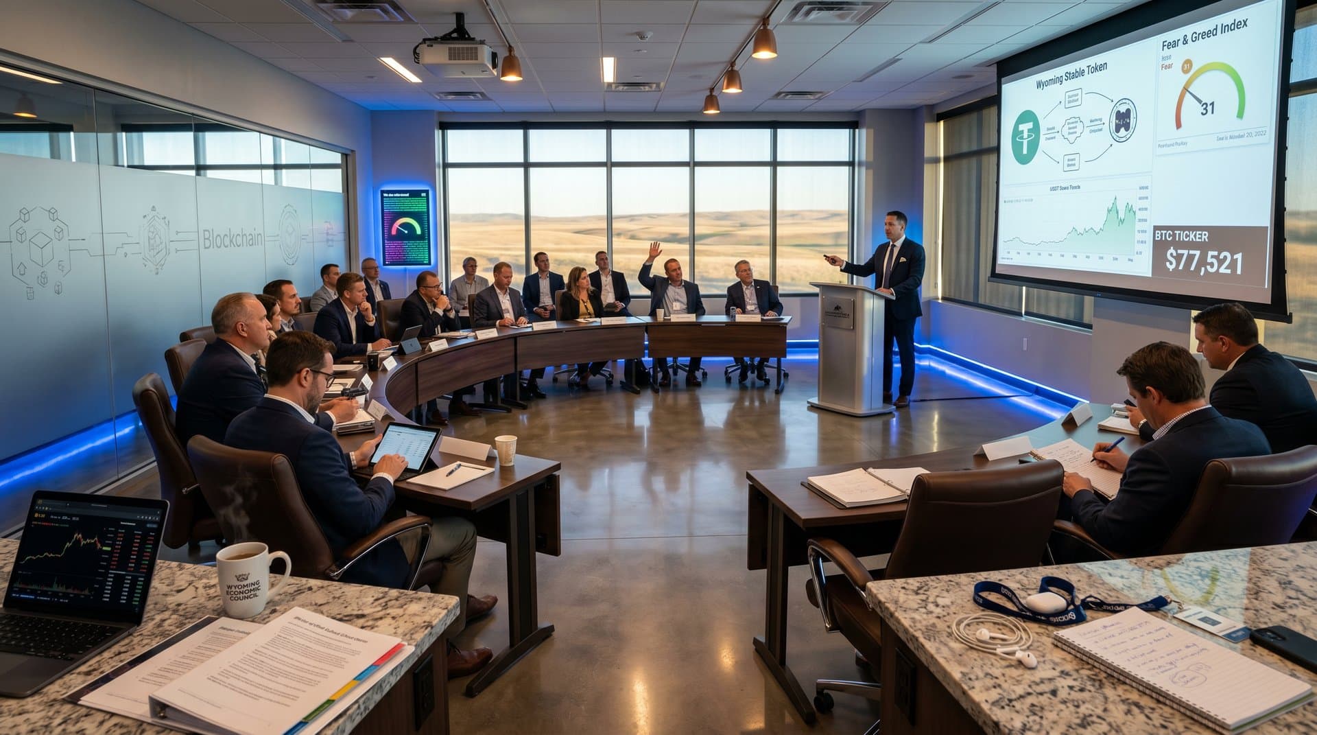 Modern Wyoming conference room with stable token charts, crypto price screens, and Fear & Greed Index display amid policy visuals