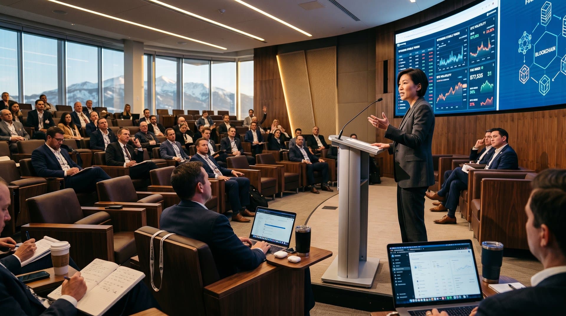 Modern Wyoming auditorium with blockchain screens displaying stablecoin charts and BTC prices during Stephanie Chan policy presentation