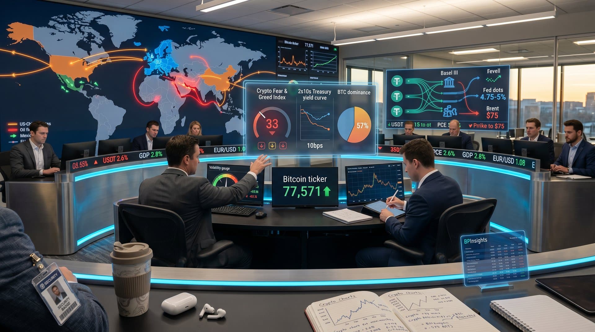 Financial dashboard displays Fear & Greed Index at 33, Bitcoin at USD 77,571, yield curves, geopolitical maps, and crypto data in advanced tech style