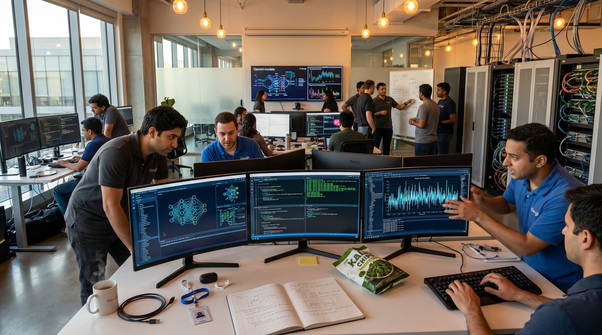 Abstract high-tech Google AI lab with monitors displaying neural networks, GPU racks, and collaborative modern workspaces