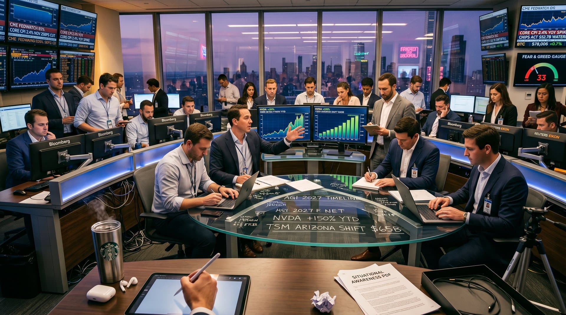 Trading screens display Leopold Aschenbrenner Situational Awareness Fund’s 24 AI stocks amid macro charts