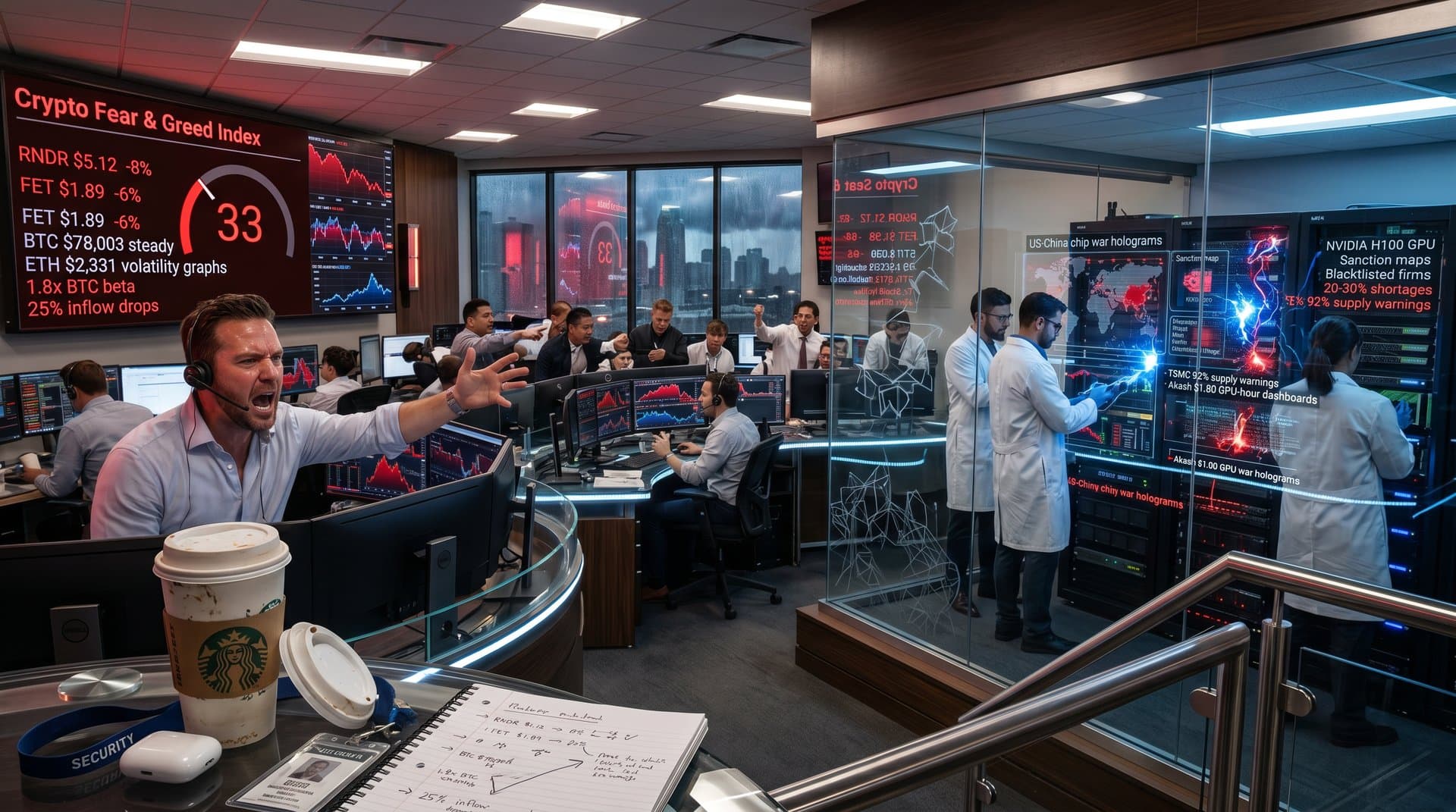Futuristic trading screens display plummeting AI cryptocurrency charts, Fear & Greed at 33, GPU server racks glowing amid chip war holograms