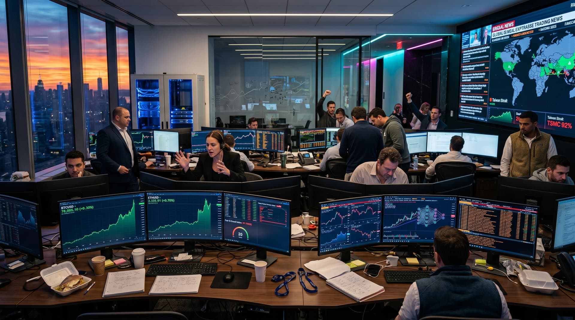 Trading floor screens show AI cryptocurrency charts, Bitcoin at $78,035, Fear & Greed at 33 amid geopolitical risk visuals