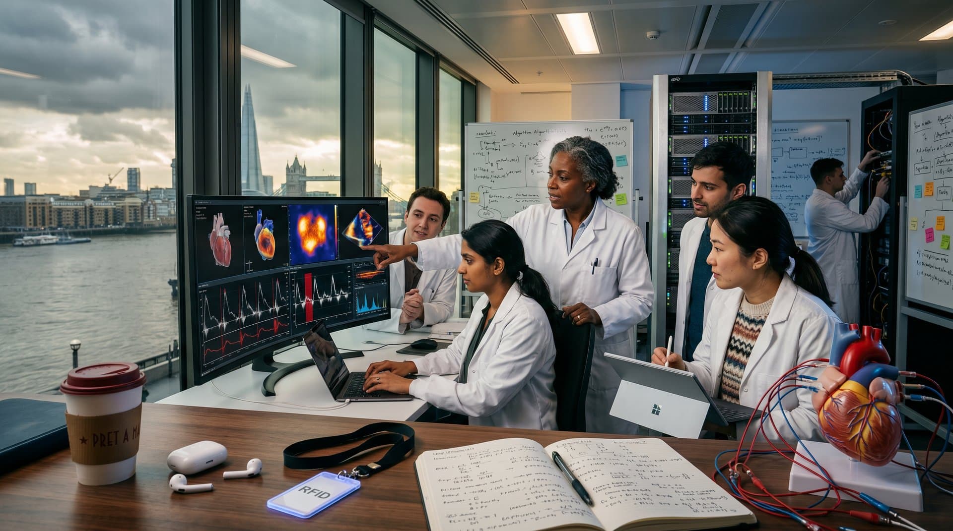 AI lab analyzing 3D heart scans and neural networks with Thames backdrop