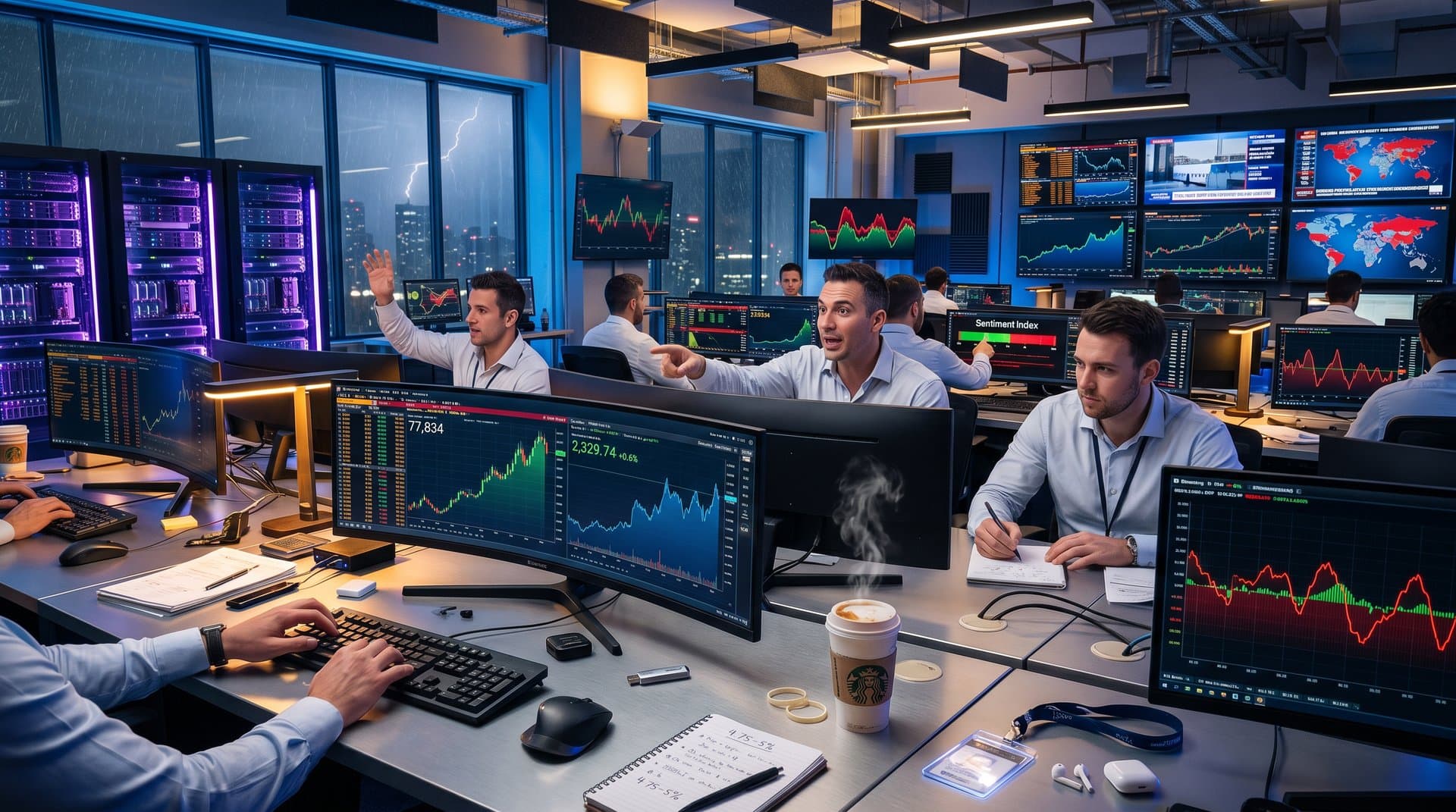 Trading floor with Bloomberg Terminals showing AI crypto prices, Fear & Greed Index, and geopolitical market graphs