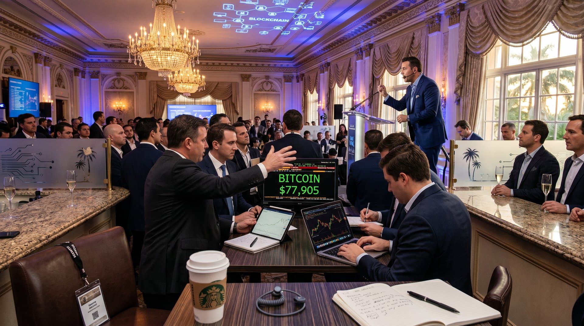 Executives in Mar-a-Lago ballroom with laptops showing crypto charts, Bloomberg terminals, and chandelier lighting