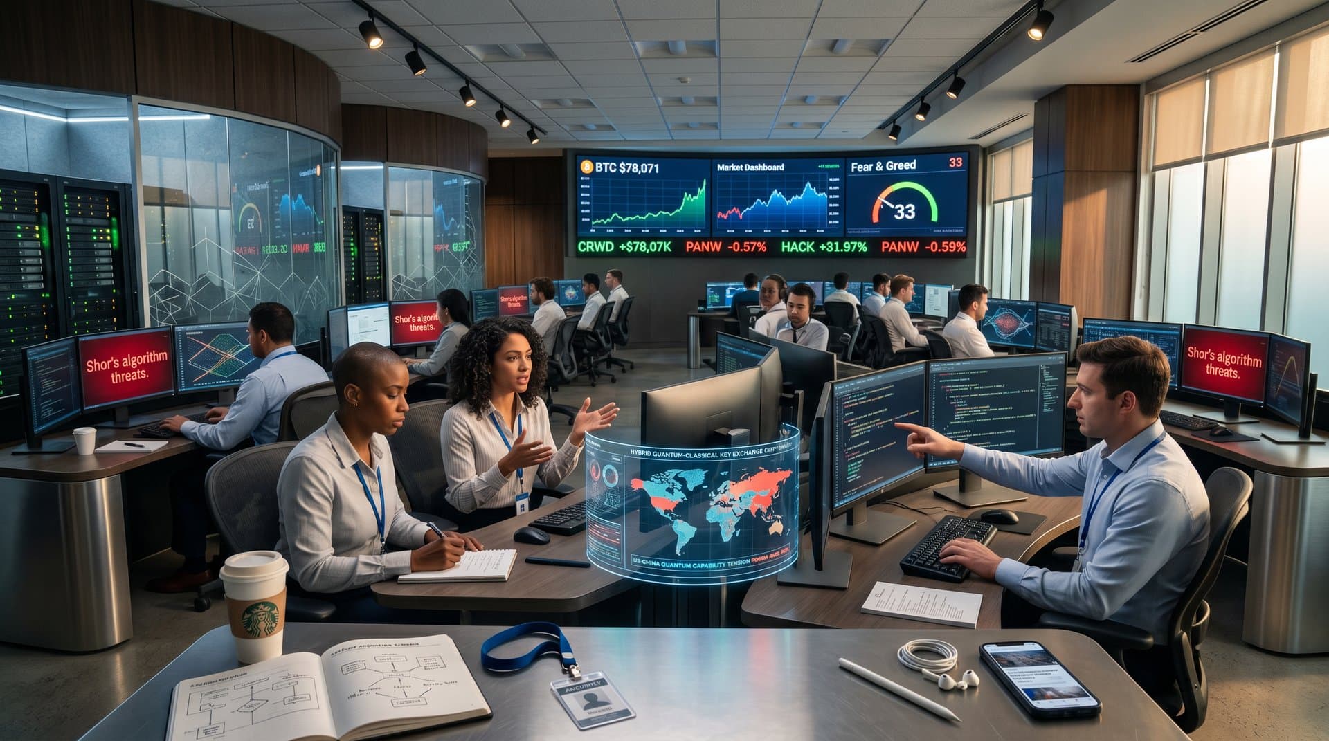 Cybersecurity lab screens display GnuPG post-quantum crypto code, lattice algorithms, quantum simulations, and BTC charts in finance setting