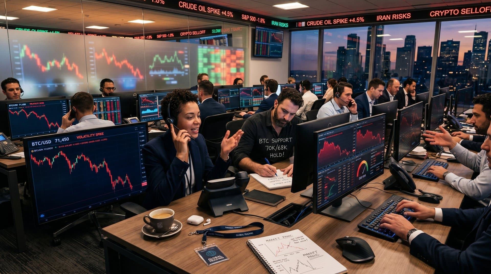 Trading floor with screens showing Bitcoin price drop, volatility spikes, and geopolitical news alerts under modern lighting