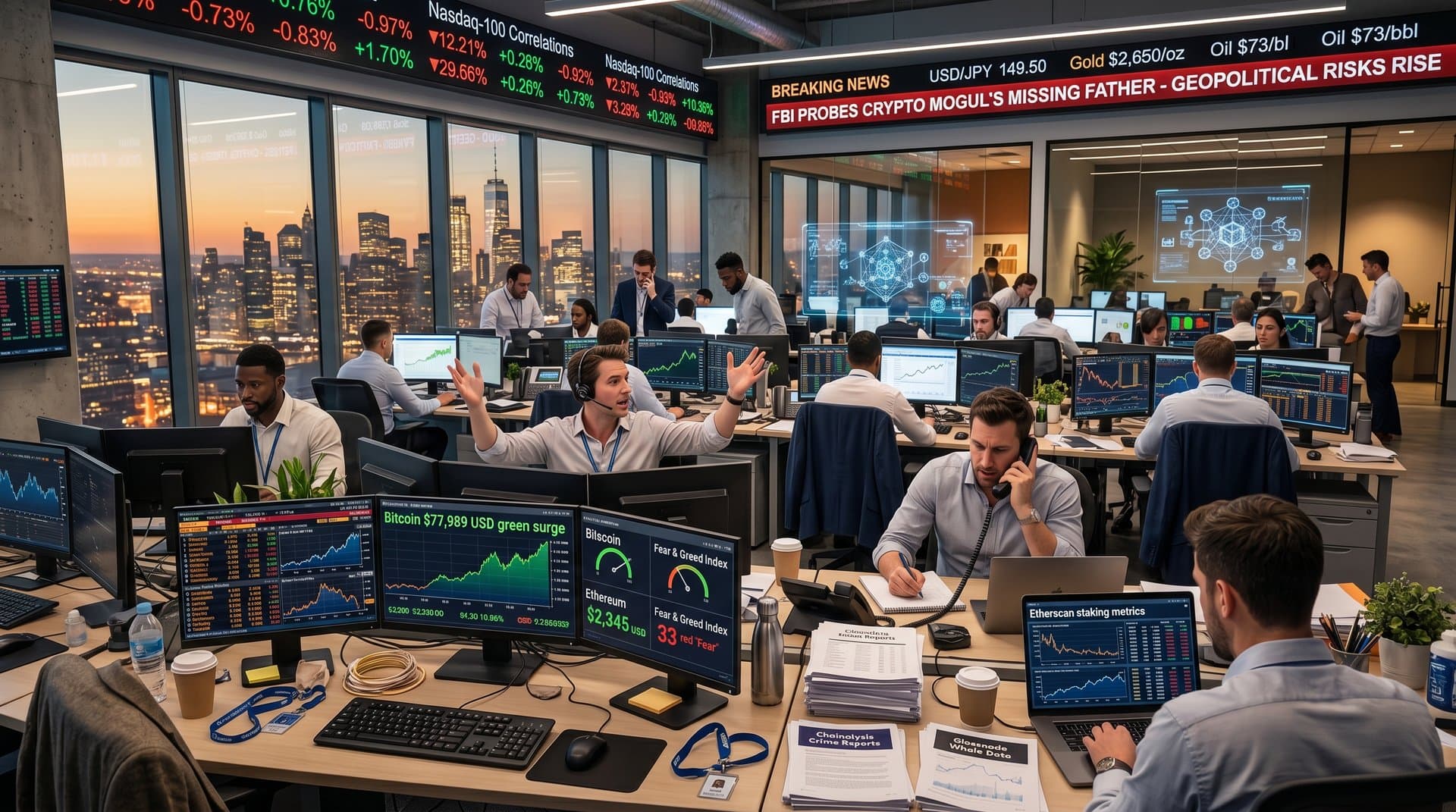 Traders monitor crypto prices and Fear & Greed Index at 33 on terminals amid financial market urgency