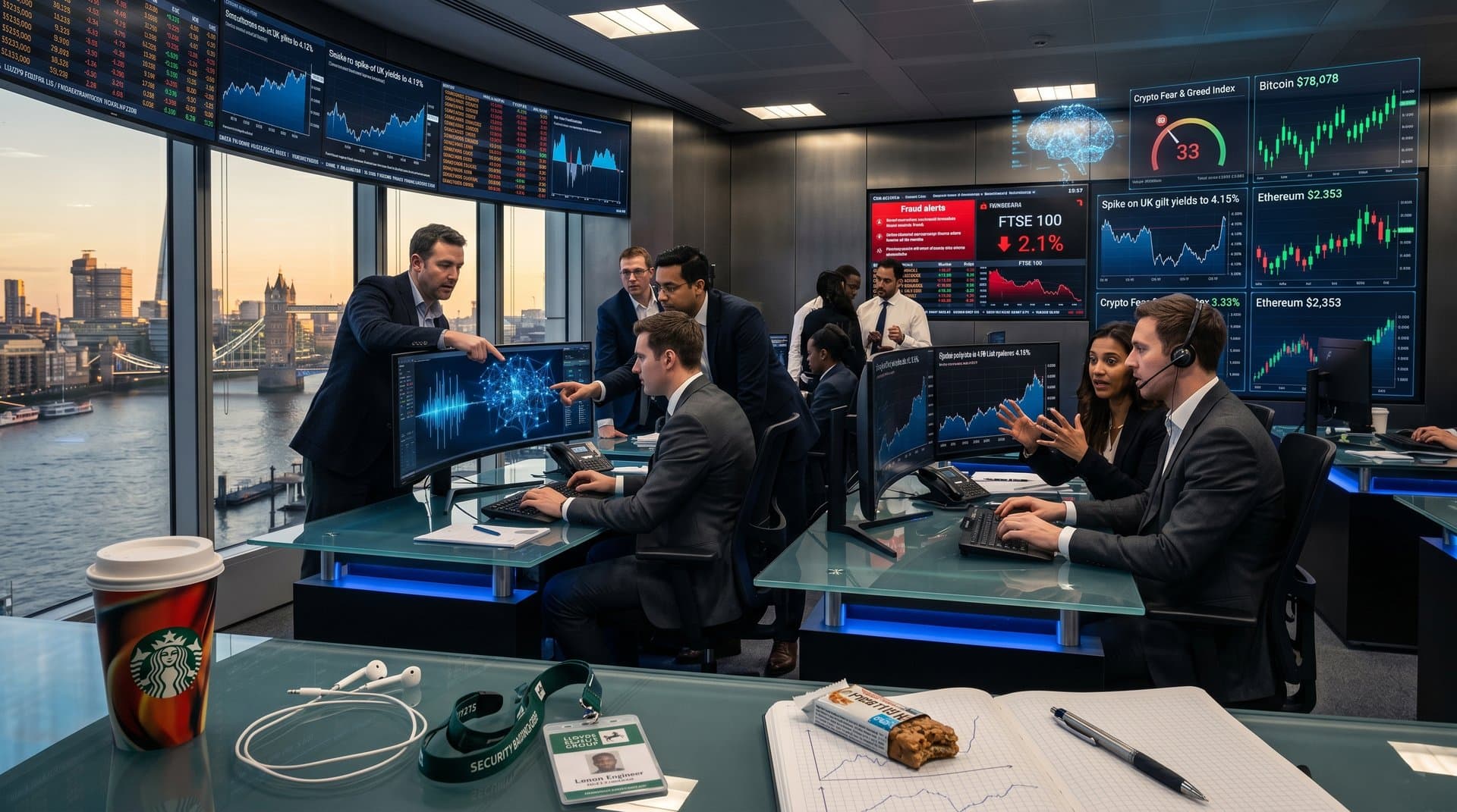 Lloyds Banking Group AI dashboards in London tech center with market data, neural networks, and Canary Wharf skyline
