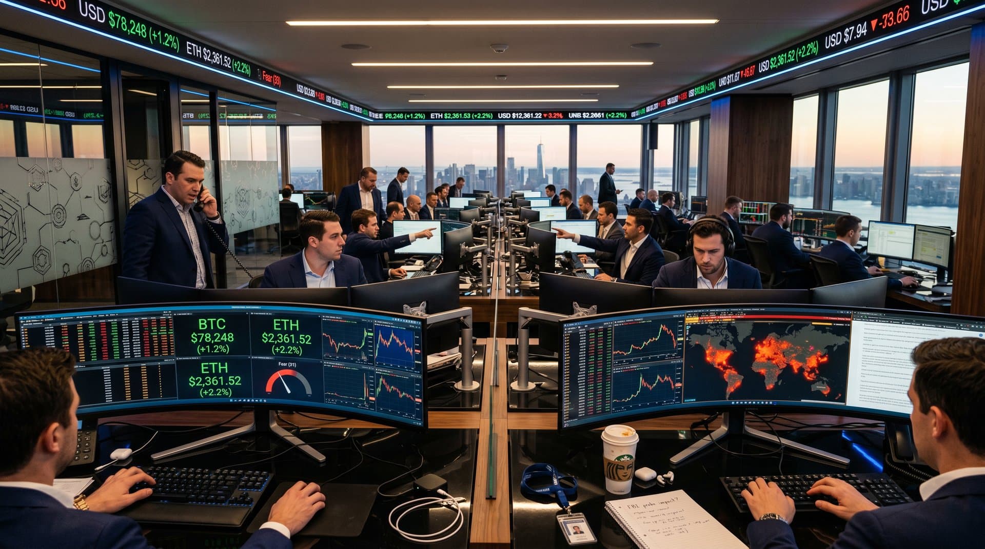 Trading floor screens show crypto prices, Fear & Greed Index at 33, and risk maps under LED lights with city skyline