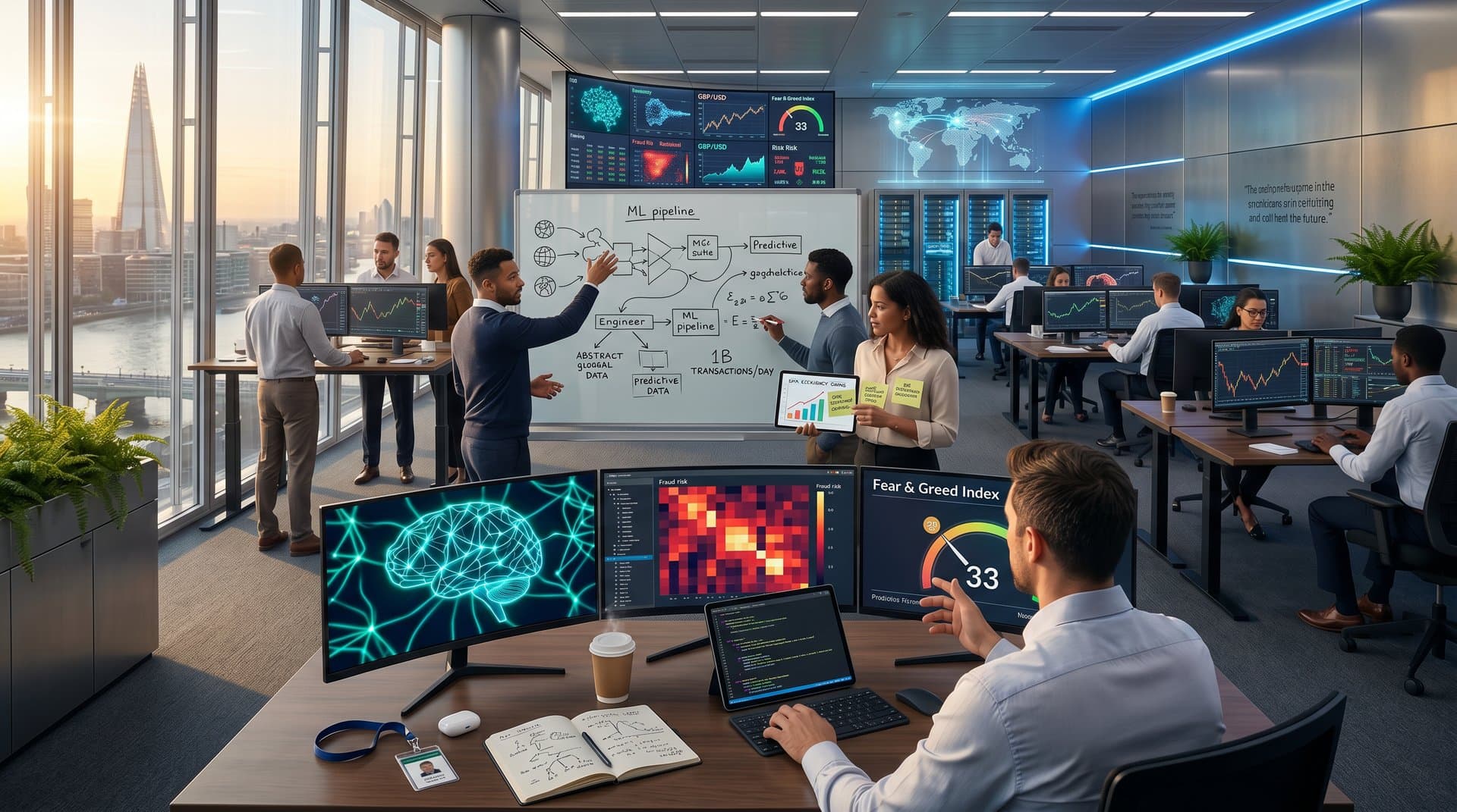 Data scientists at modern desks with AI dashboards and Bloomberg terminals in Lloyds Banking Group London innovation lab overlooking Thames