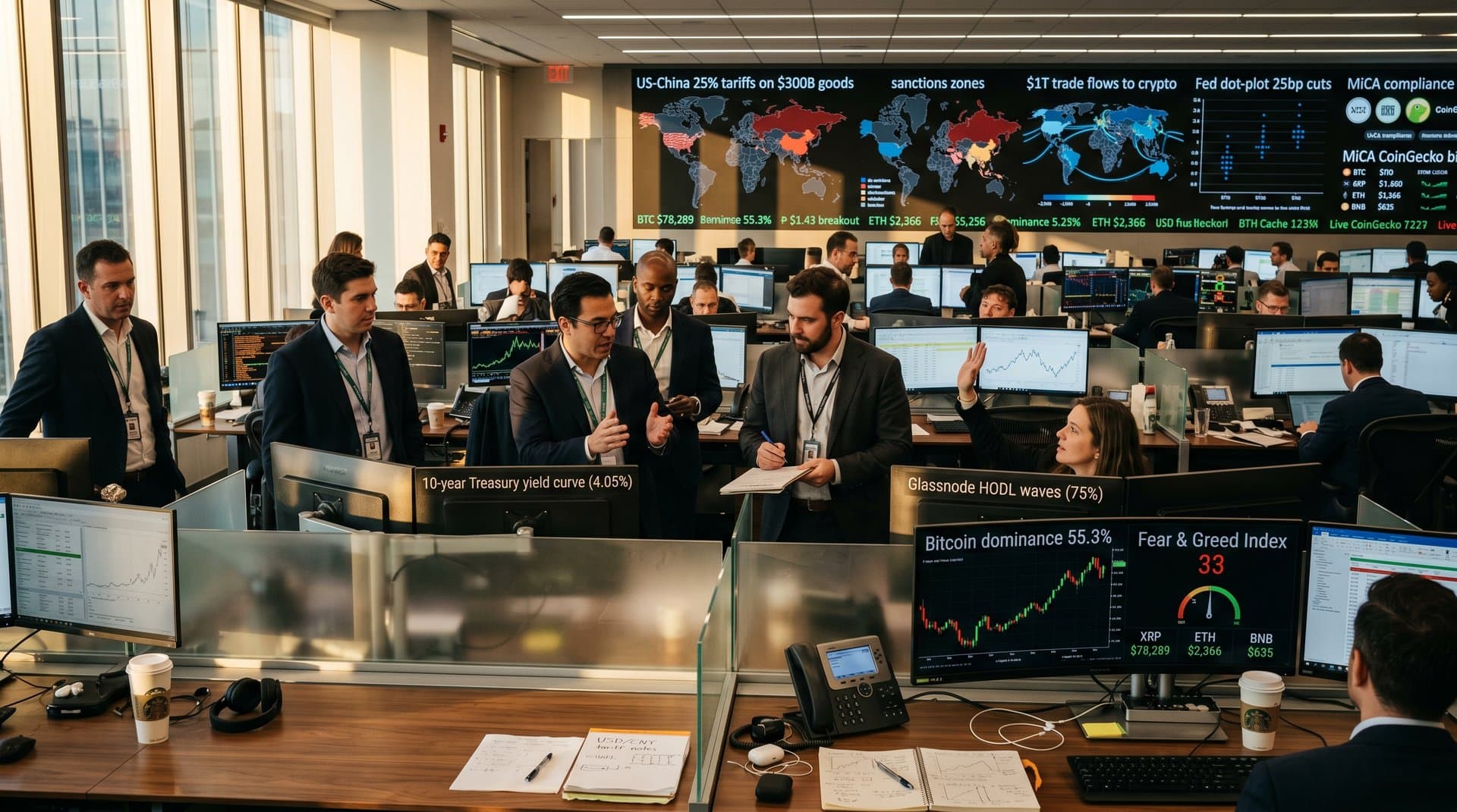 Traders at walnut desks with Bloomberg terminals showing Bitcoin dominance at 55.3%, Fear & Greed Index at 33, and crypto charts on sunlit floor