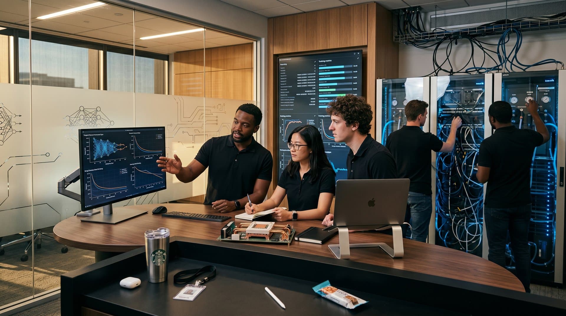 AI lab with neural decay graphs on screens, server racks, modern tech workspace