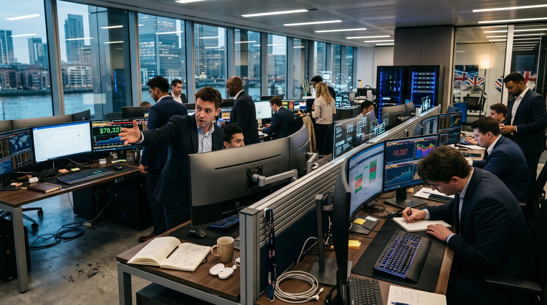 Abstract Canary Wharf trading floor with AI dashboards, market charts, crypto prices, and geopolitical maps at Lloyds HQ