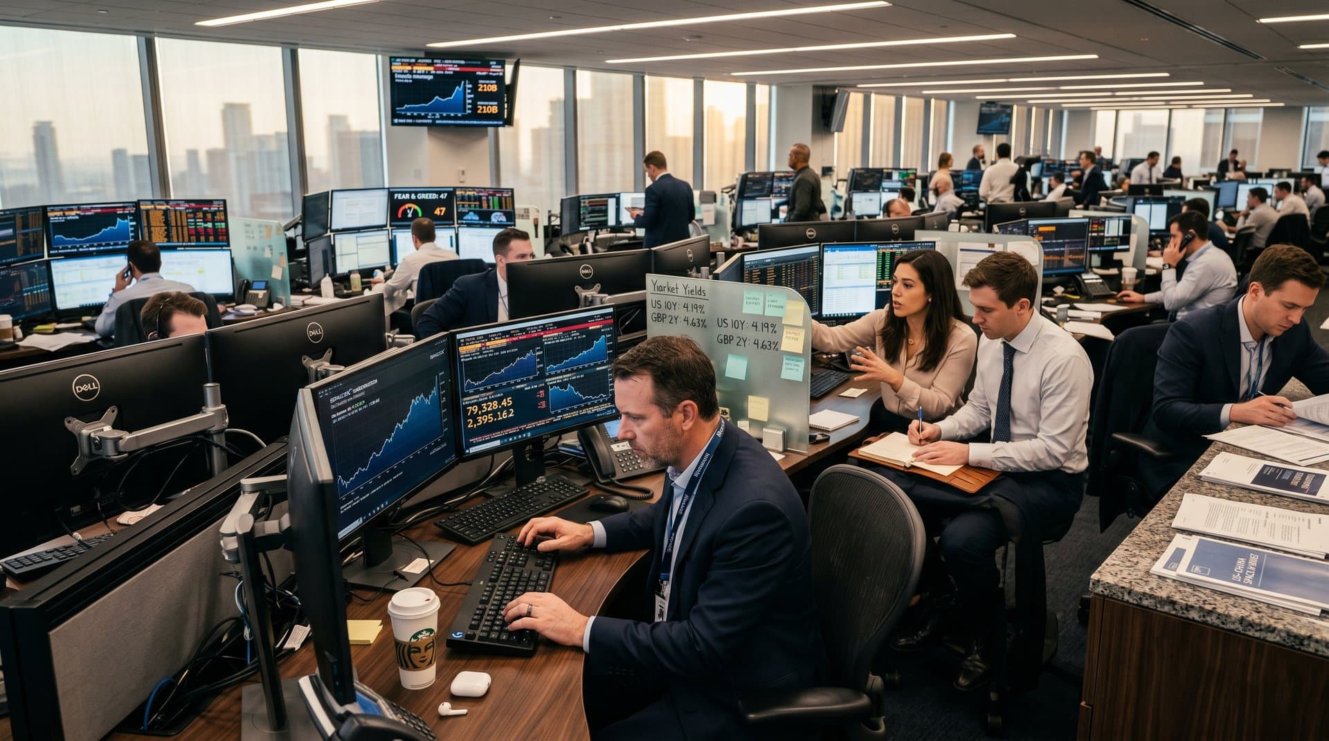 Traders at Goldman Sachs desks with Bloomberg terminals showing SpaceX charts, BTC prices, and crypto tickers under LED and window lighting