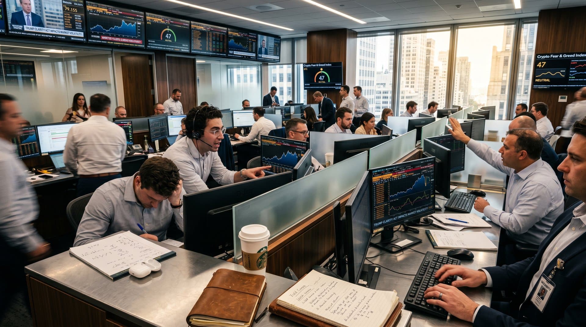 Wall Street trading floor with terminals showing BTC prices, Fear & Greed Index, and Trump CLARITY Act news