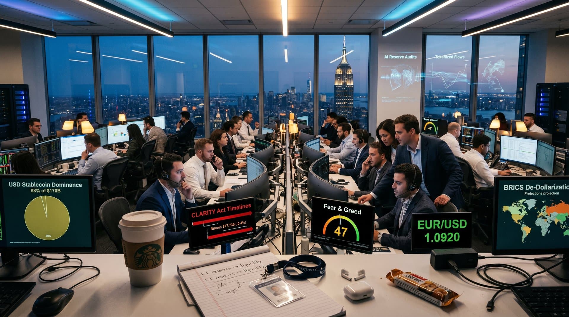 Trading floor with Bloomberg Terminals showing CLARITY Act-related stablecoin charts and forex data