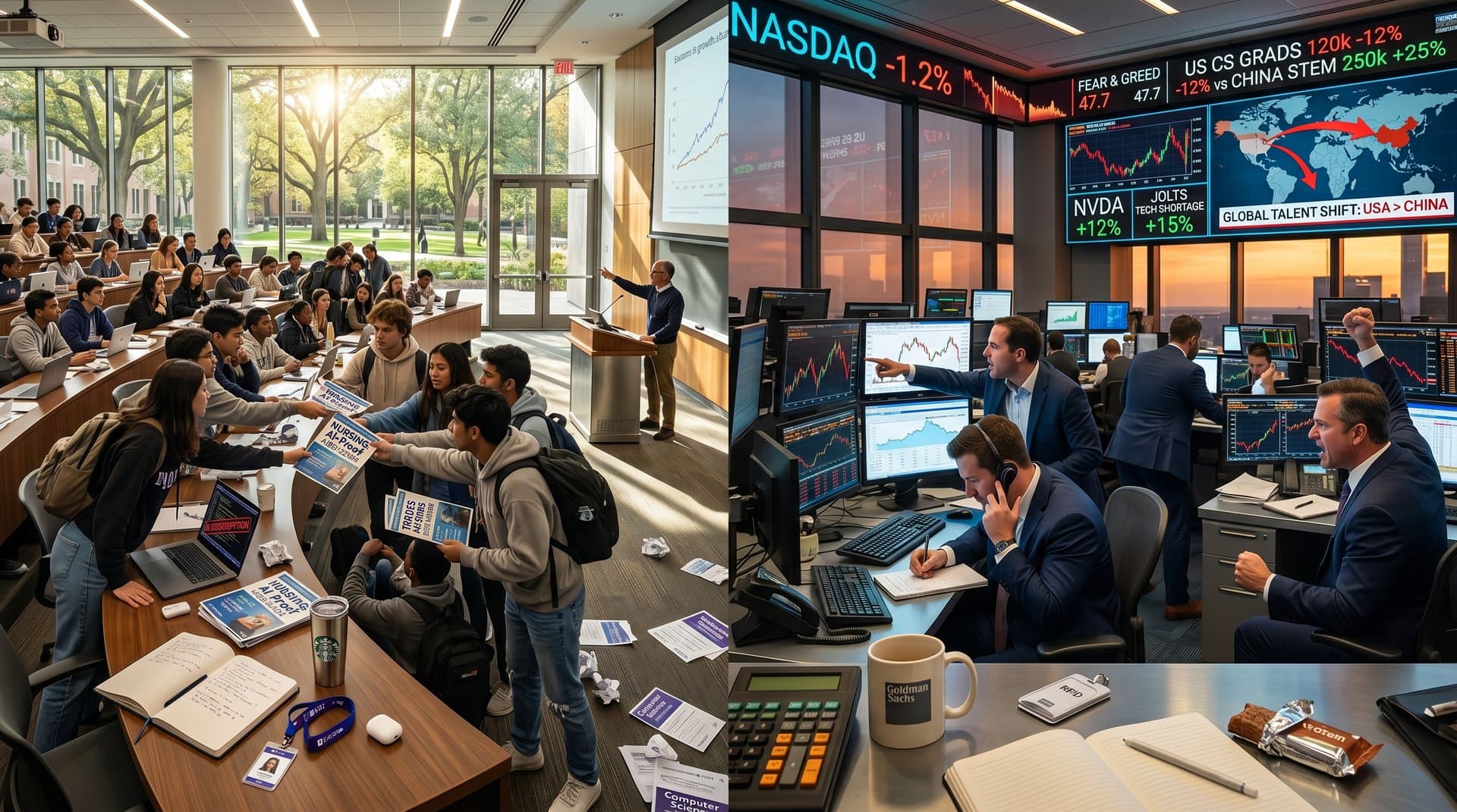 US students choosing AI-proof majors amid trading floor charts on tech shortages and China AI rise