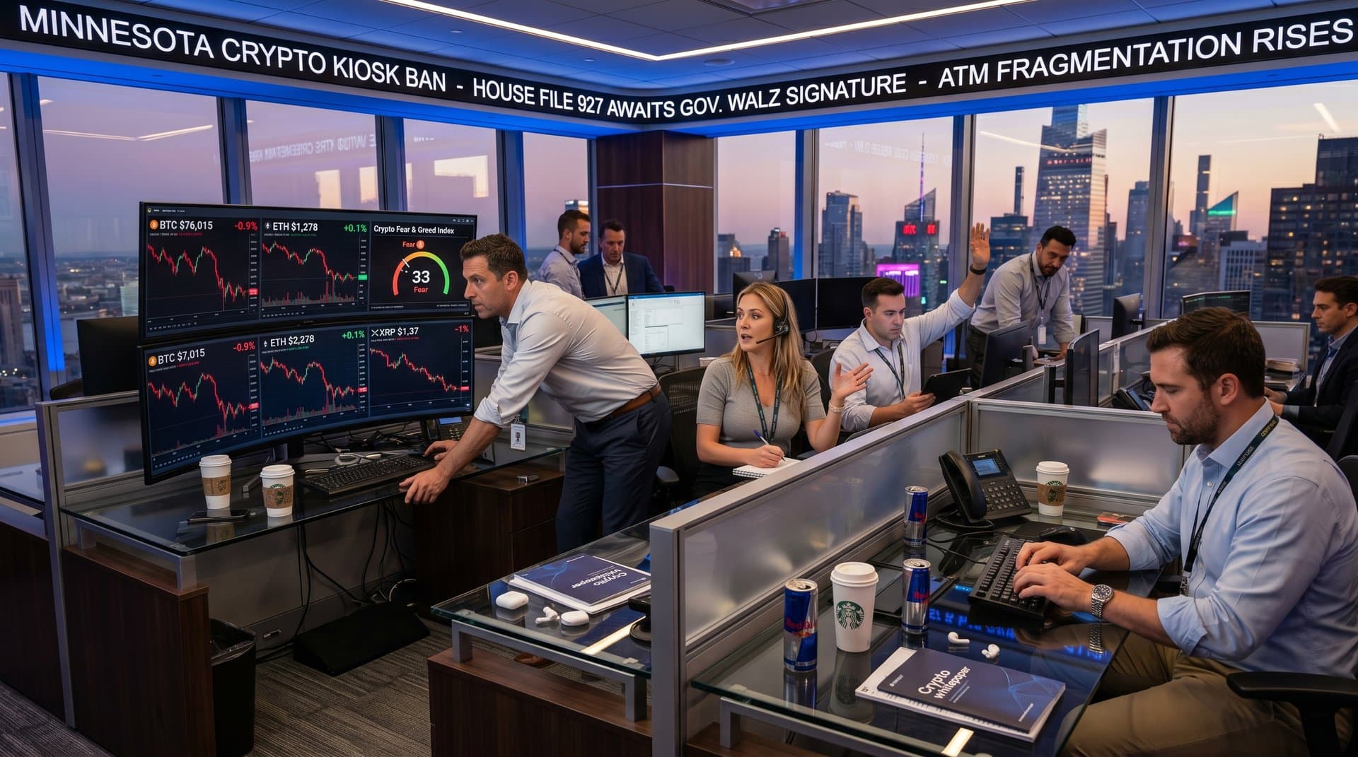 Traders monitor BTC at $76,015, Fear & Greed 33, and Minnesota crypto kiosk ban news on multi-screen setups in a busy trading floor