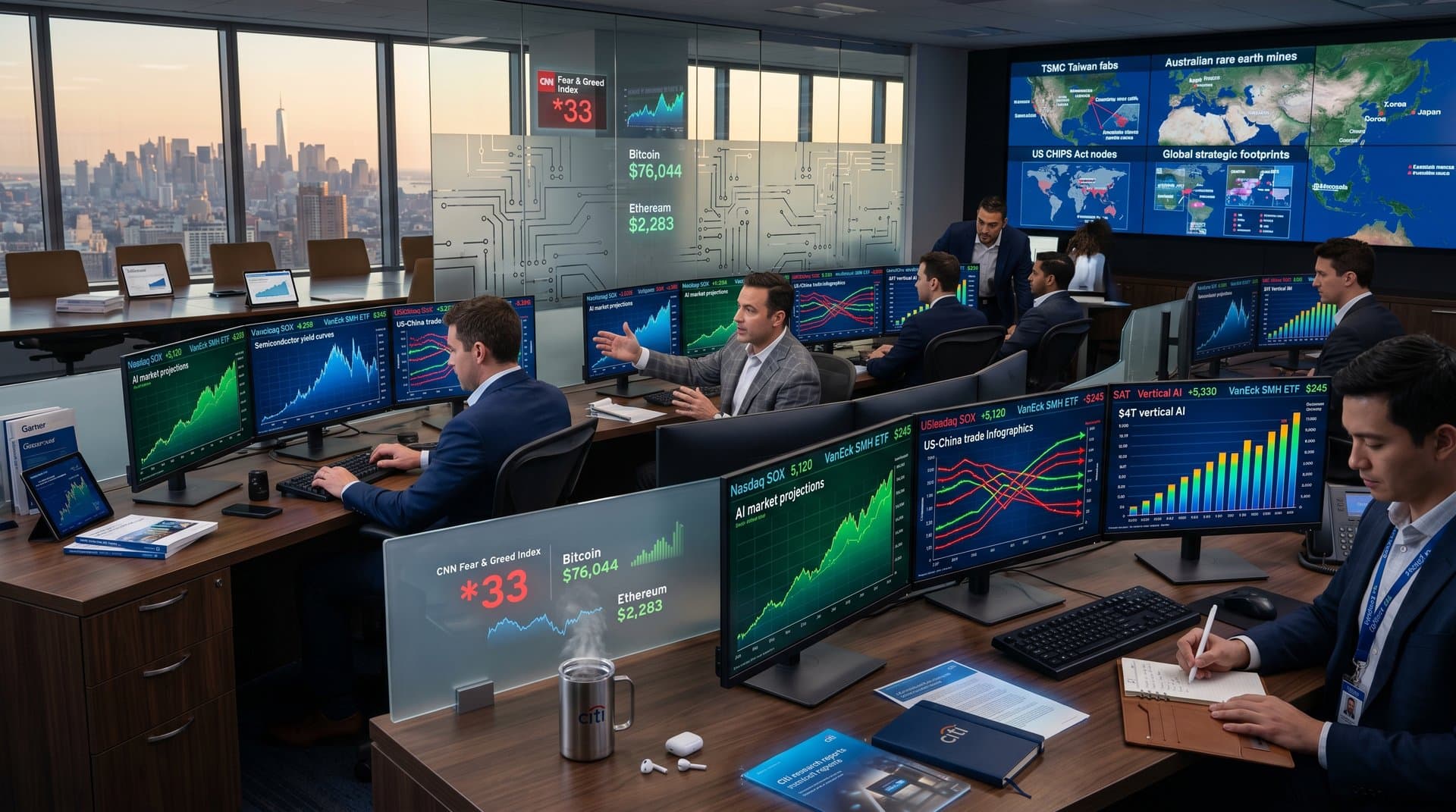 Citigroup trading desks with AI projections on Bloomberg terminals, frosted glass partitions, and skyline view