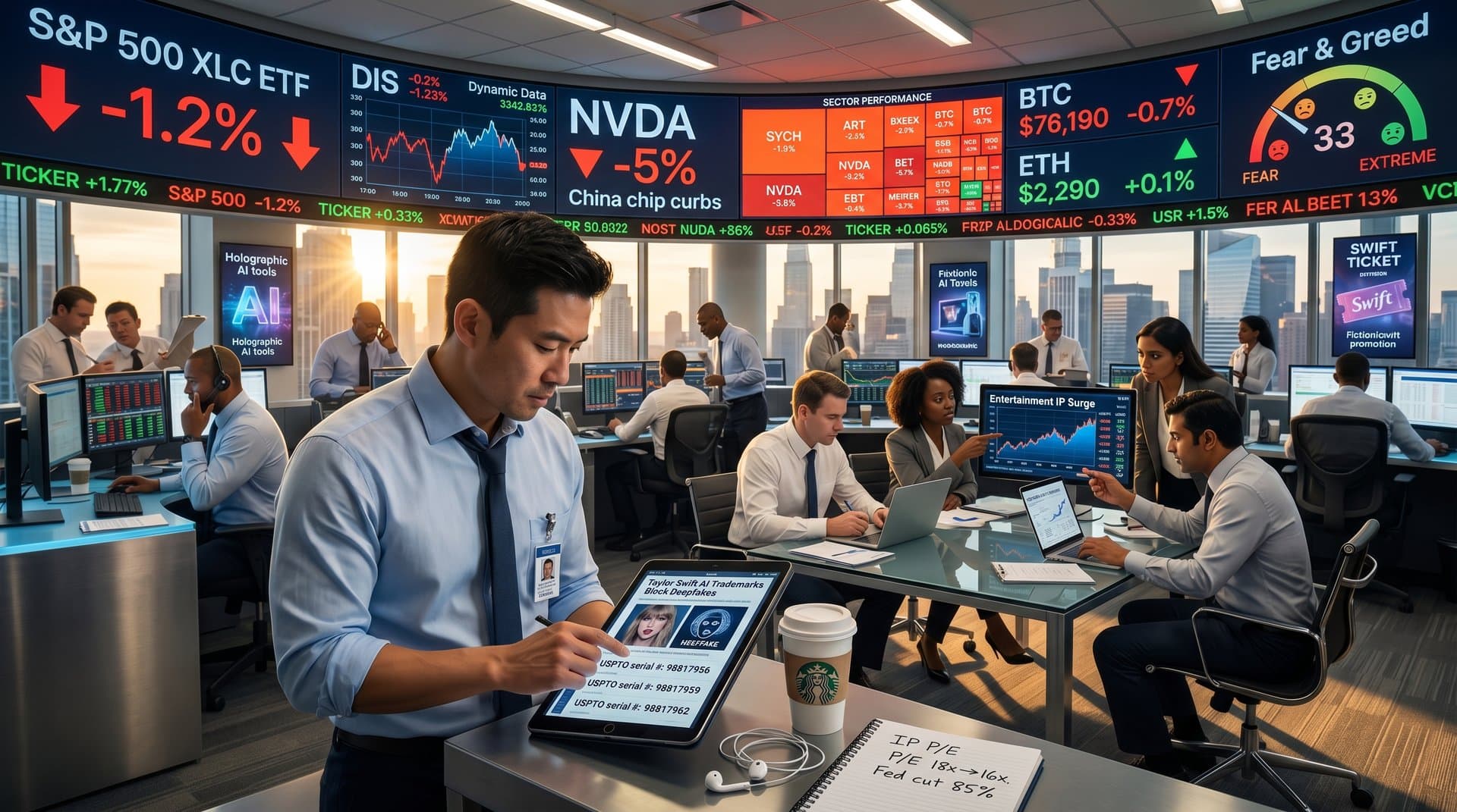 Trading floor with Bloomberg terminals showing XLC, DIS, NVDA charts, Taylor Swift AI trademarks, crypto prices, Fear & Greed at 33