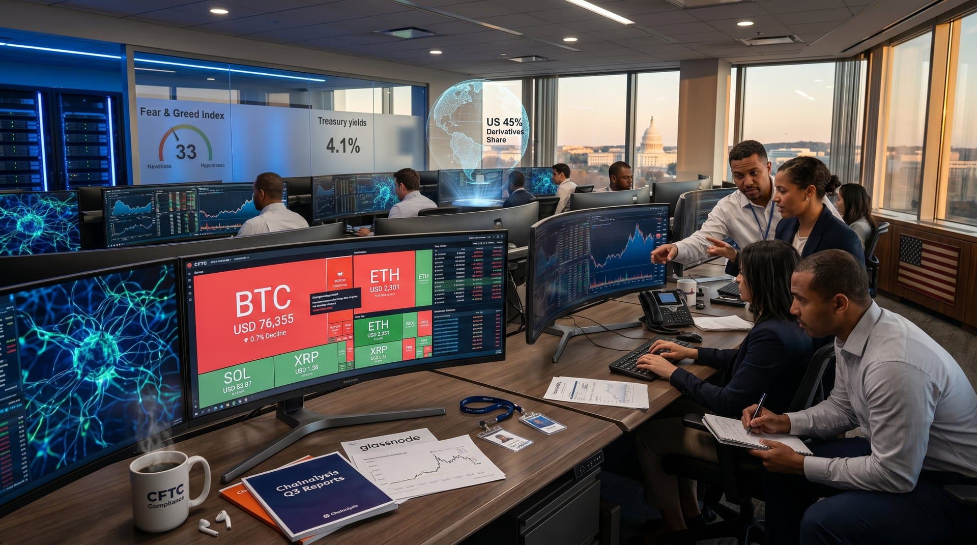 CFTC operations center with AI dashboards monitoring crypto markets including Bitcoin at USD 76k