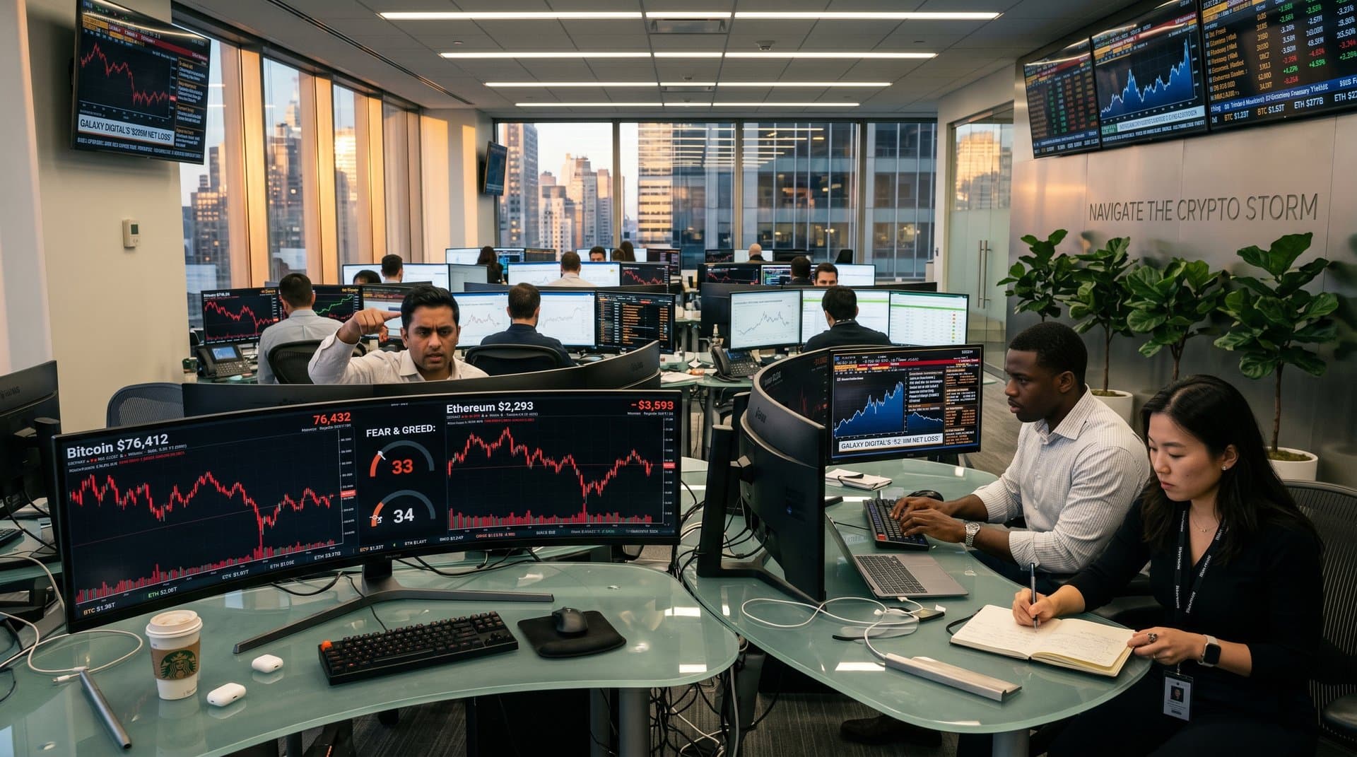 Traders monitor crypto charts and Galaxy Digital Q1 loss on multi-monitor setups in a high-tech trading floor