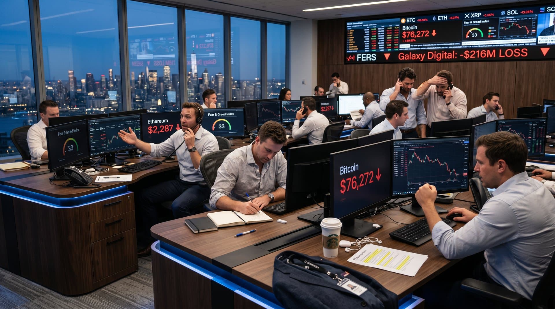 Trading floor screens show declining Bitcoin charts and Galaxy Digital Q1 loss data amid market fear indicators