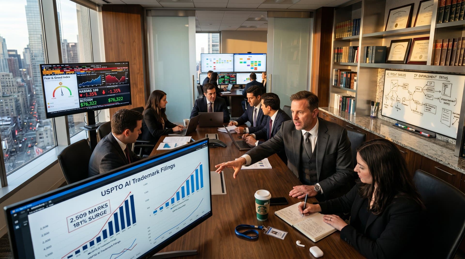 Modern law firm office with screens showing AI trademarks, Bloomberg data, and market volatility indicators