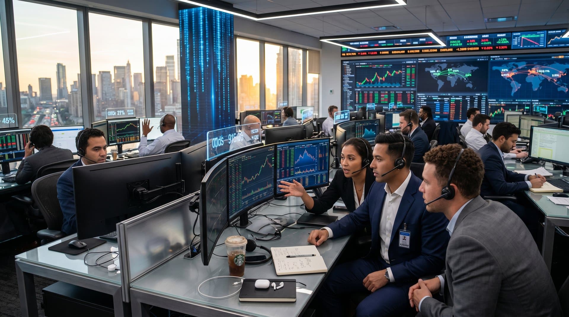 Abstract trading floor with prediction markets charts, crypto prices, and earnings data on multi-monitors in high-tech finance environment