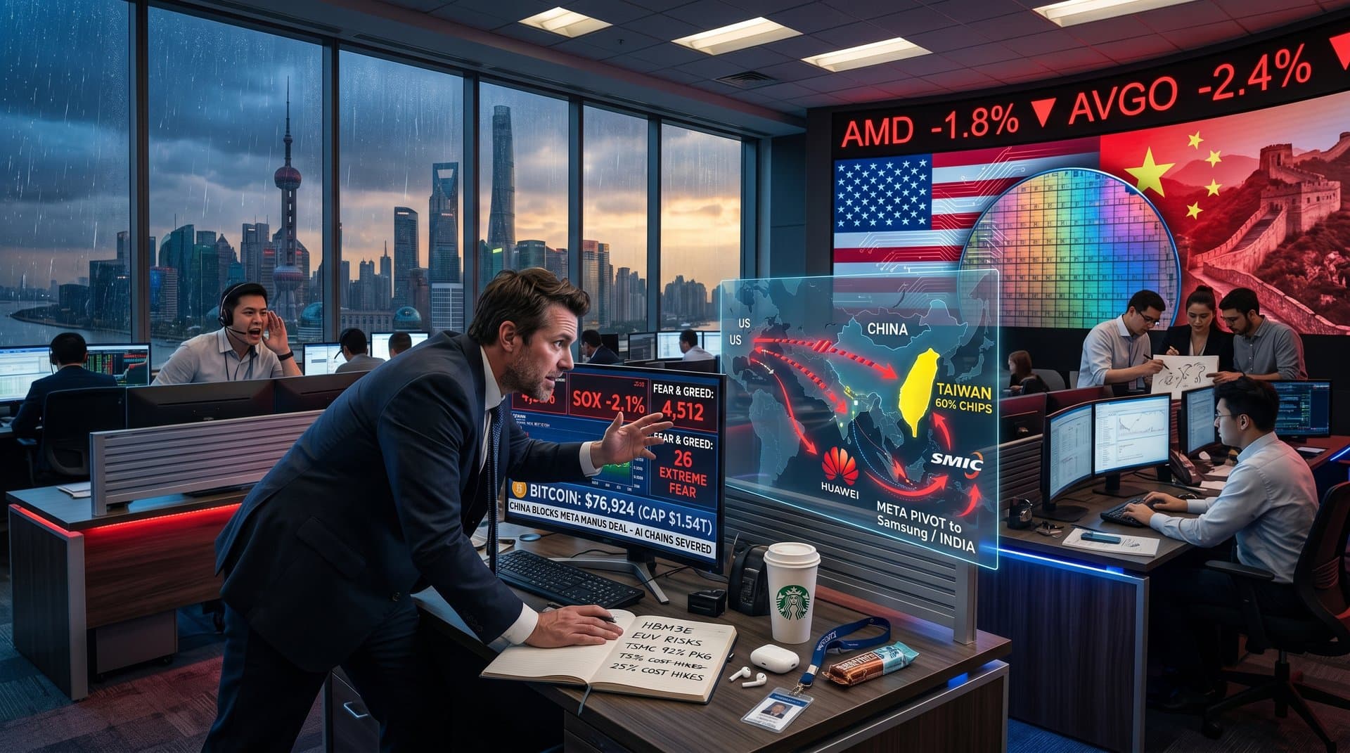 Traders monitor semiconductor stocks and China AI veto news on trading floor with skyline views