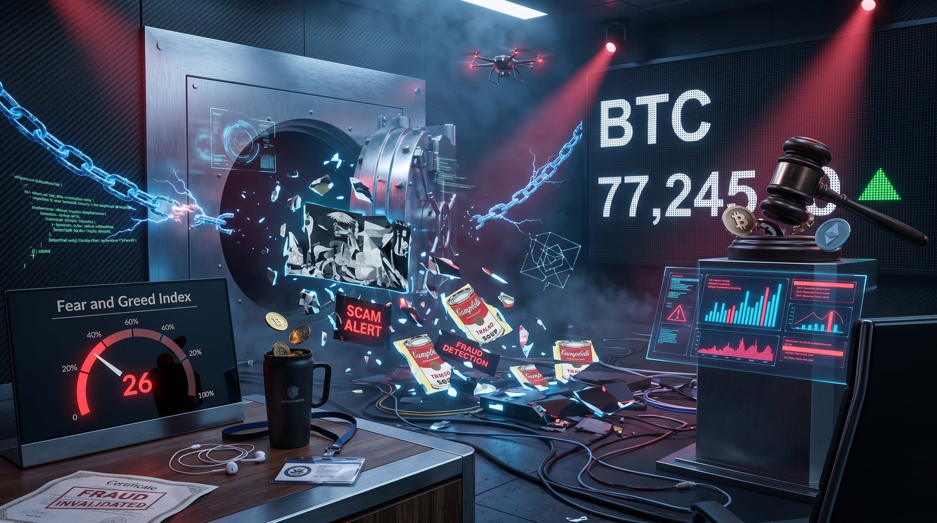 Abstract crypto scam visualization with tokenized art vault cracking, Fear & Greed at 26, BTC charts in regulatory dashboard