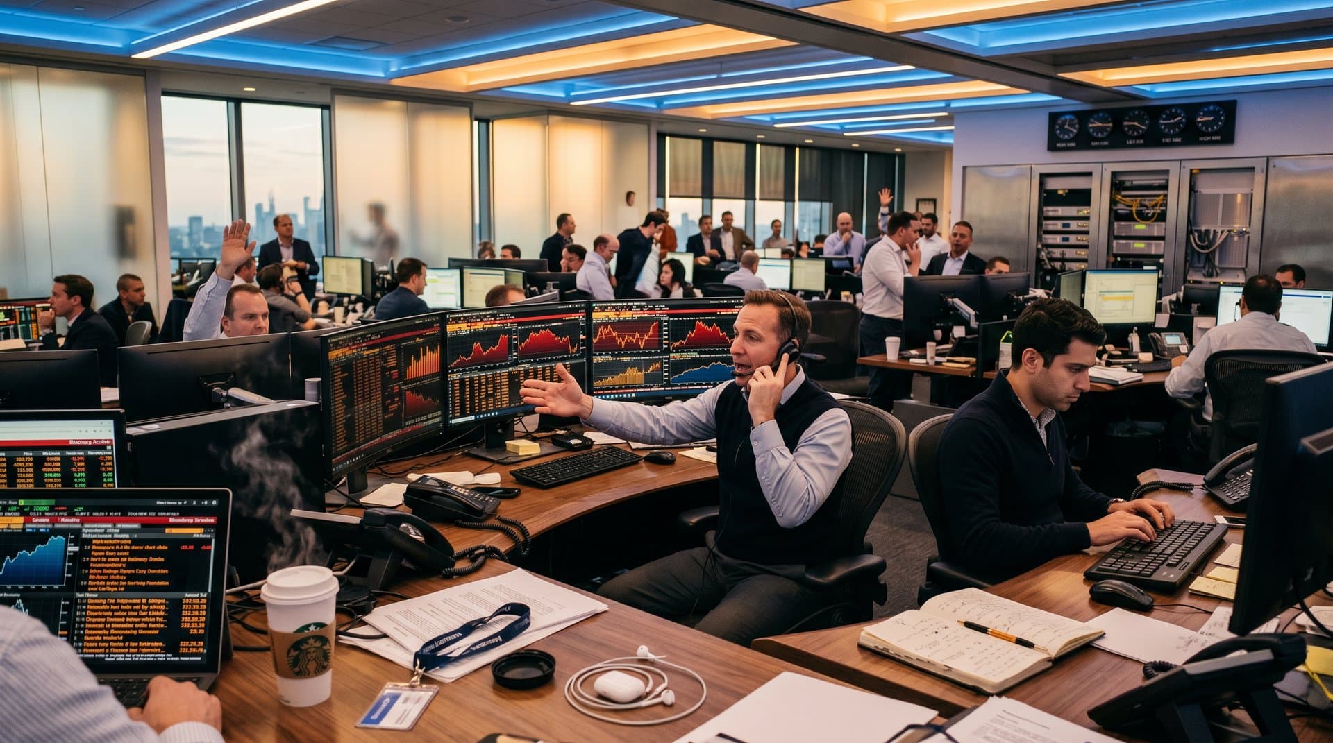 Trading floor monitors show Bitcoin at $77K, Fear & Greed Index at 26, and Galaxy Digital charts amid red market visuals