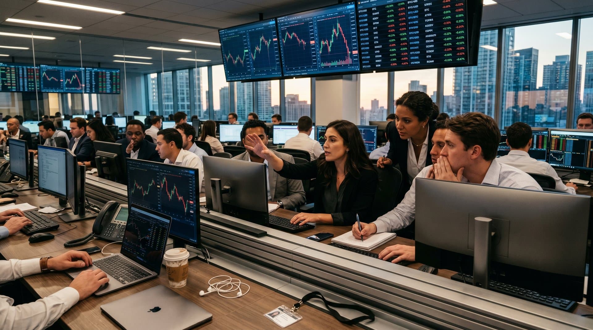 Trading floor screens show crypto prices, Fear & Greed Index at 26, and tokenized asset data amid Texas art-backed crypto scam regulatory news