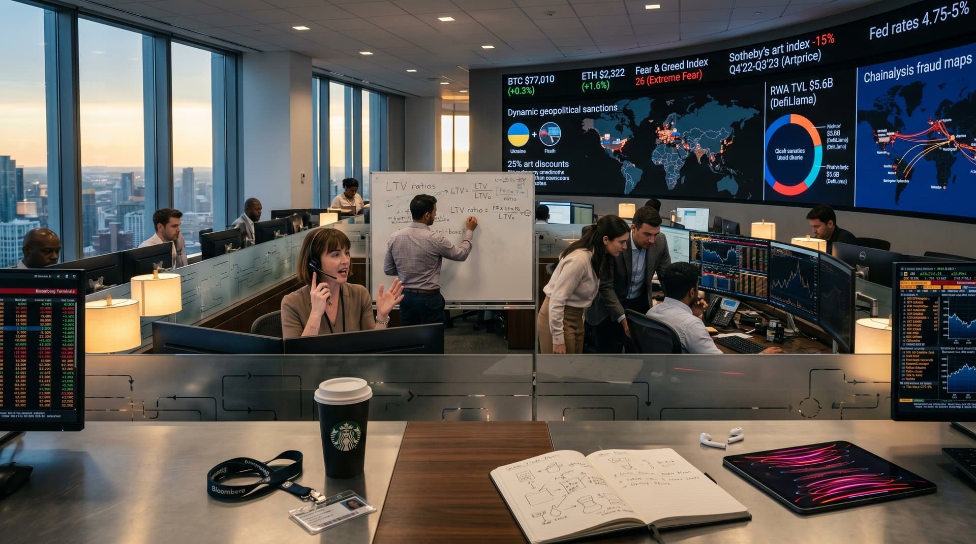 Trading desks with Bloomberg Terminals showing crypto prices, Fear & Greed Index, and art market charts in a finance office
