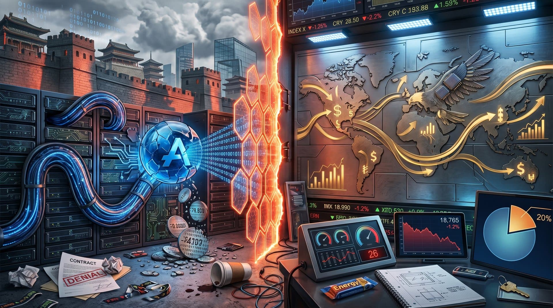 Split-image of US-China AI rivalry with blocked Meta deal symbolized by firewall and rerouted global investment flows