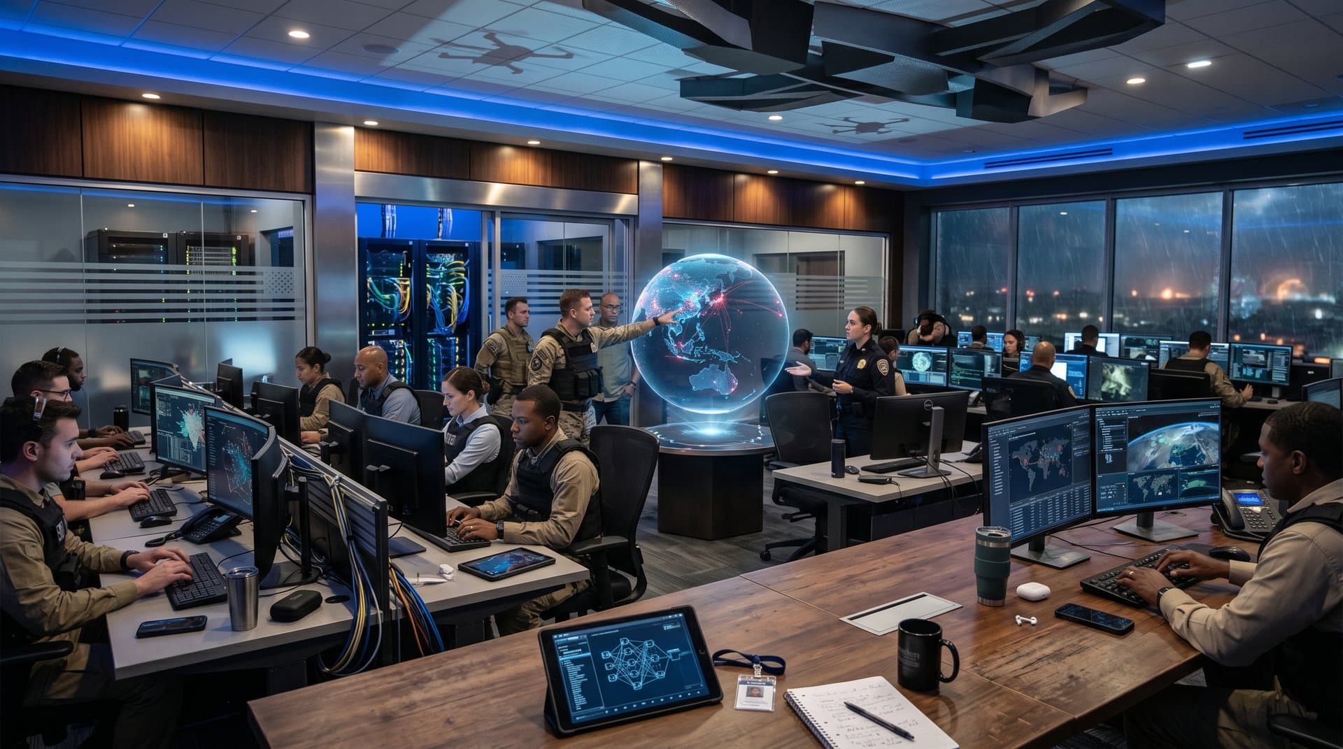 High-security AI command center with neural maps, geopolitical heatmaps, server towers, and strategic tech interfaces evoking tension