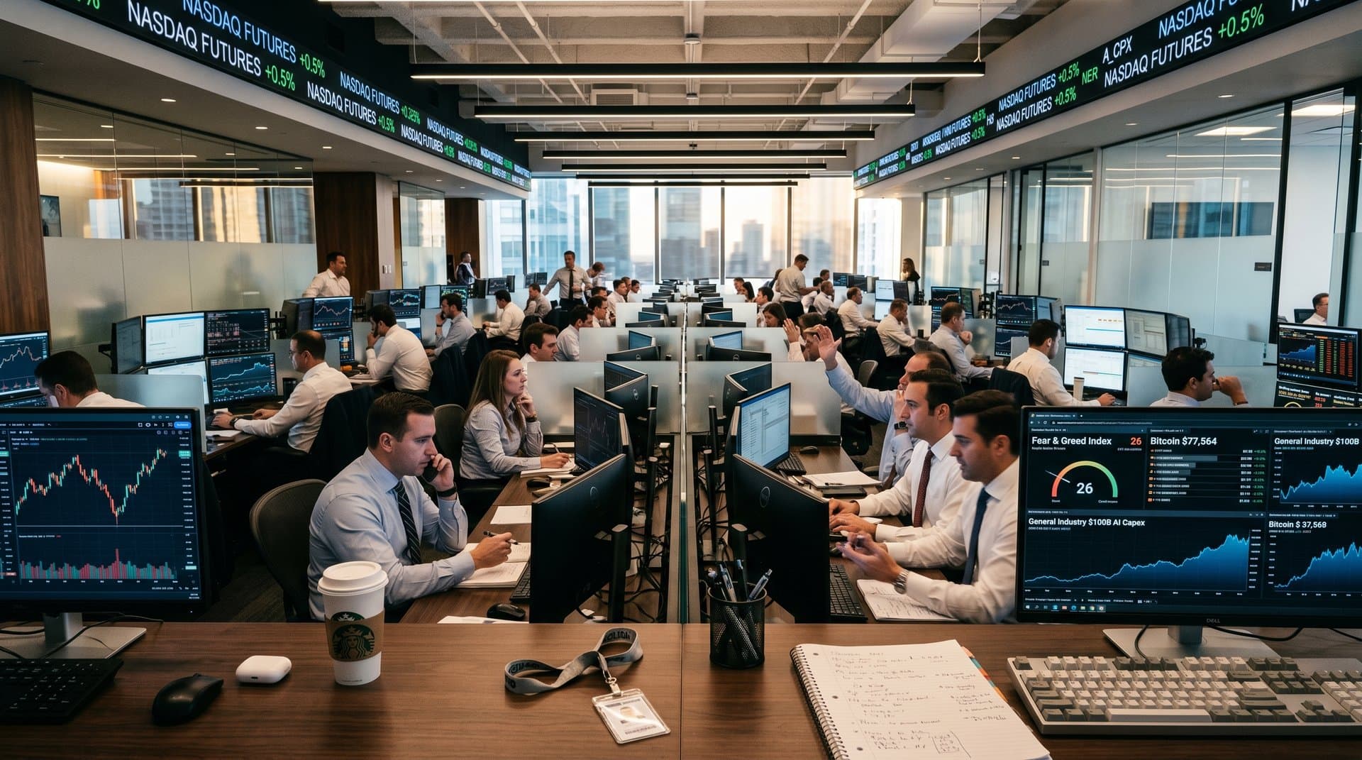 Trading floor screens display Q1 hyperscaler earnings charts, $100B AI data, Fear & Greed index at 26, and crypto prices like Bitcoin at $77,564