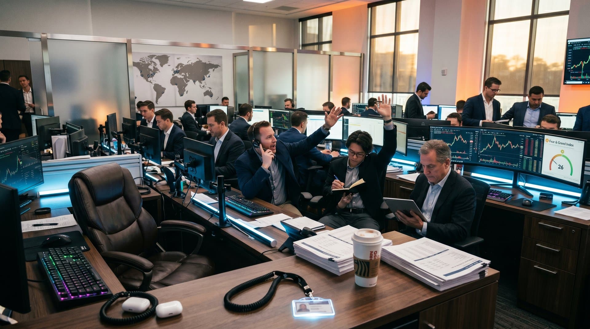 Traders analyze crypto charts including Bitcoin at USD 77,479 on busy trading floor with Bloomberg terminals
