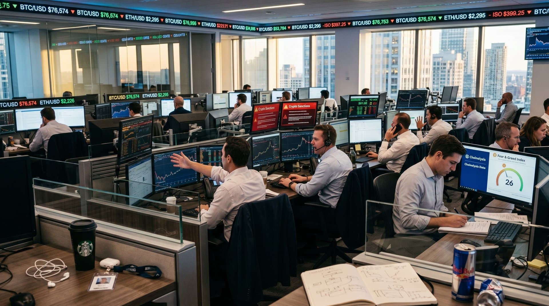 Trading floor monitors crypto prices and US-Iran sanctions news on multi-screens