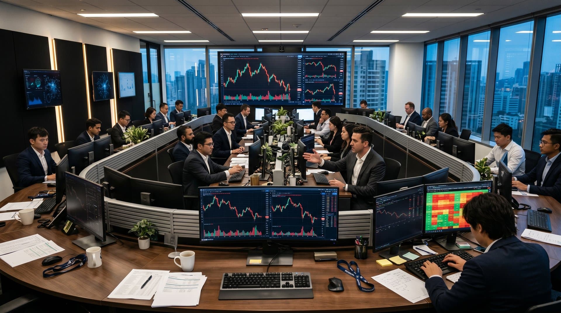 Trading desk screens show Robinhood earnings miss, crypto charts, and Fear & Greed Index at 26 amid market fear