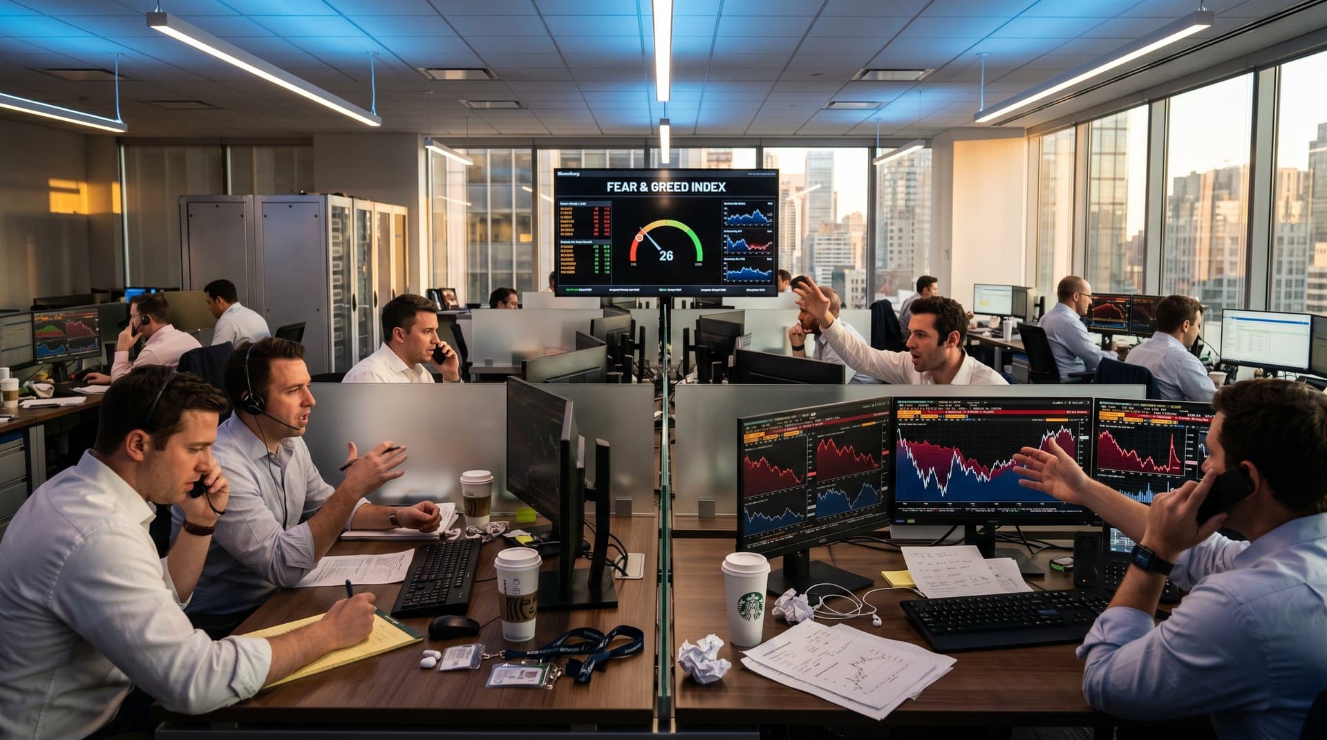 Trading floor with Bloomberg terminals showing hyperscaler stock charts and Fear & Greed Index at 26 amid market tension